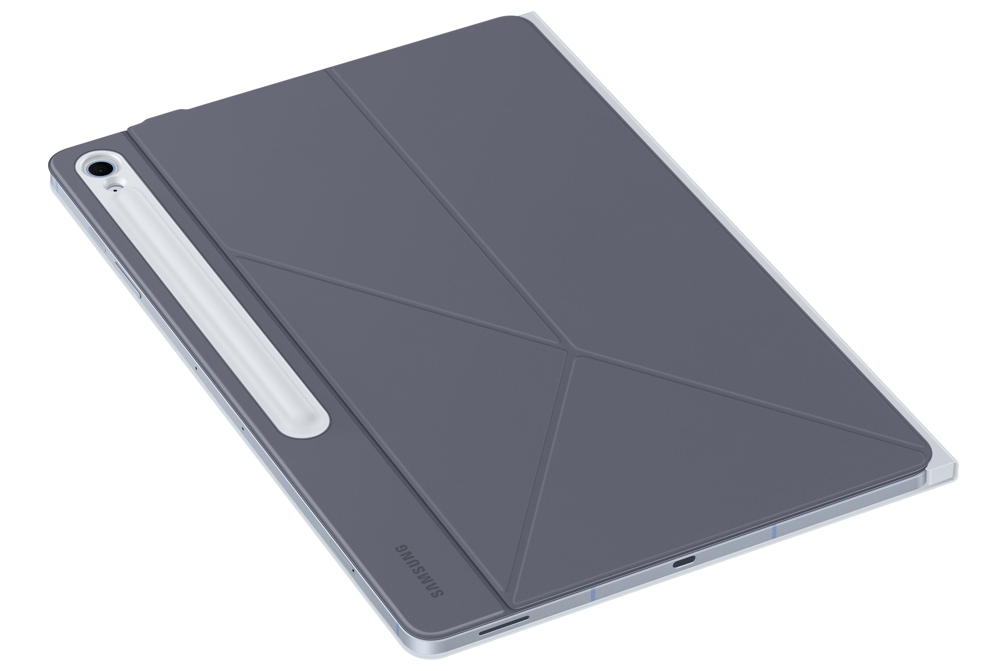 Tableta en funda gris con lápiz blanco. La funda está en ángulo, mostrando el borde de la tableta.
