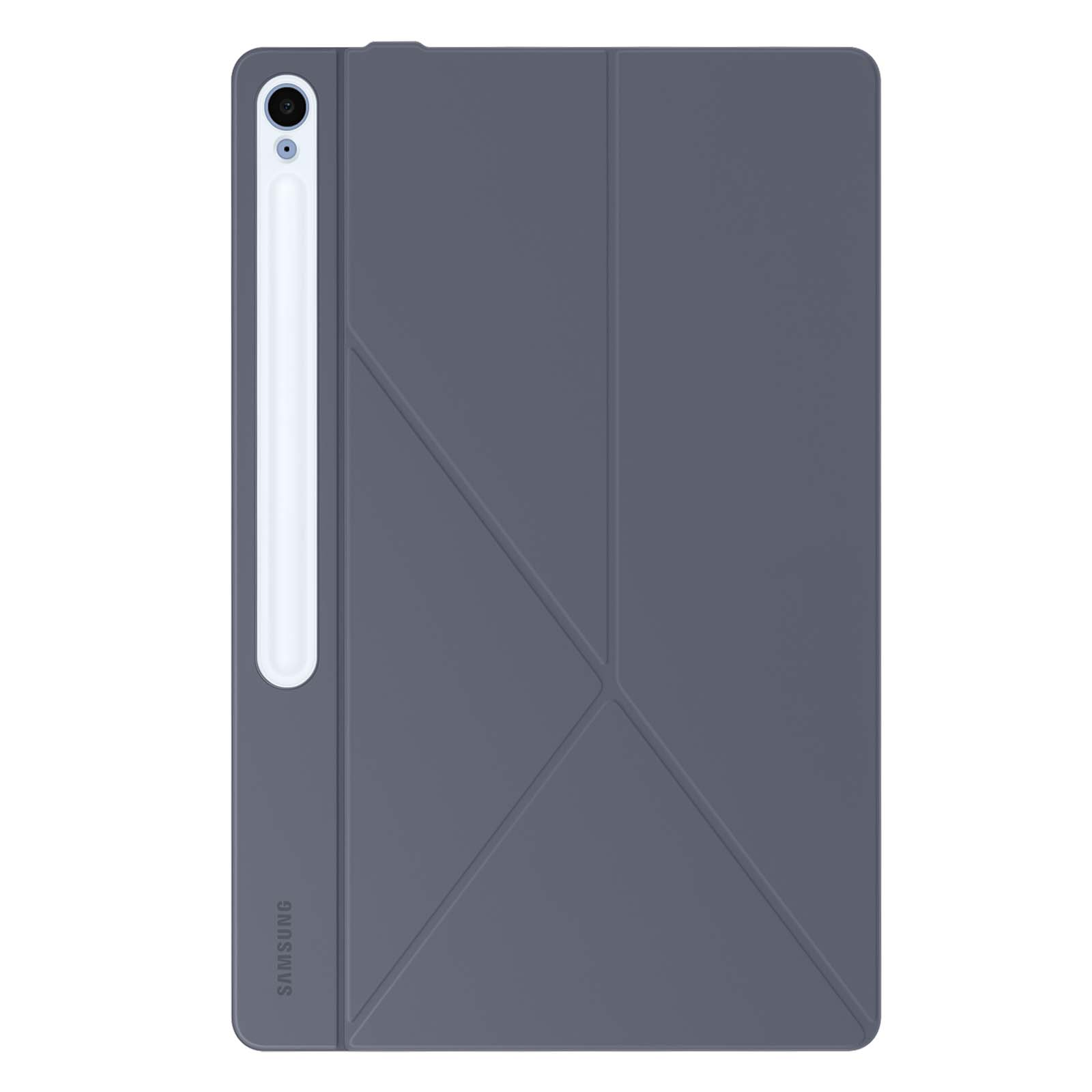 Funda gris para tableta con soporte blanco para lápiz. Diseño geométrico.