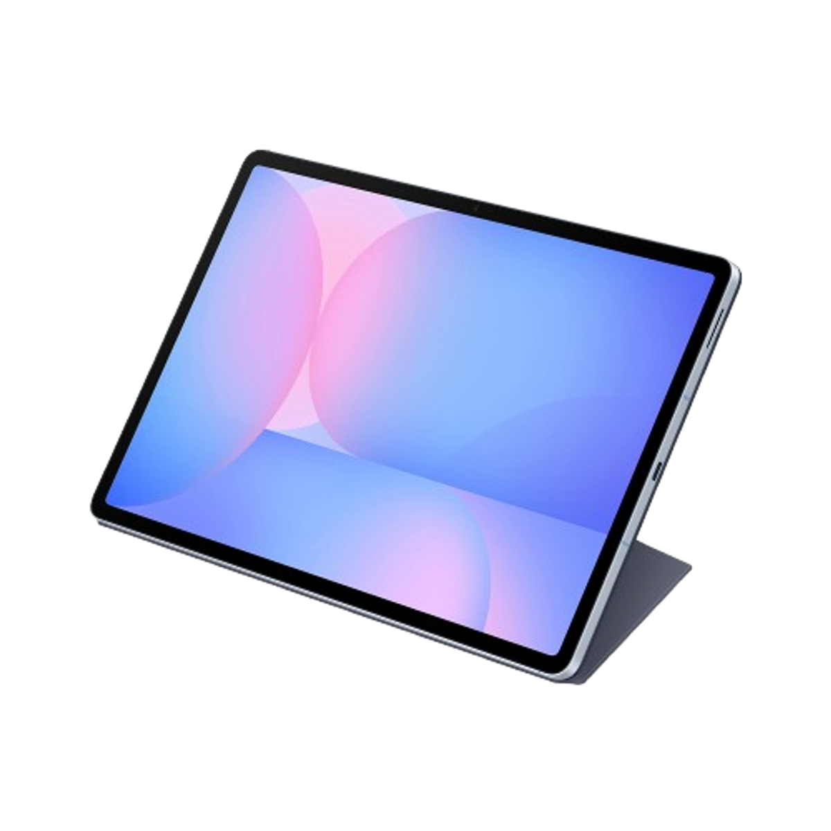 Tableta con pantalla mostrando diseño abstracto rosa y azul, en superficie negra inclinada.