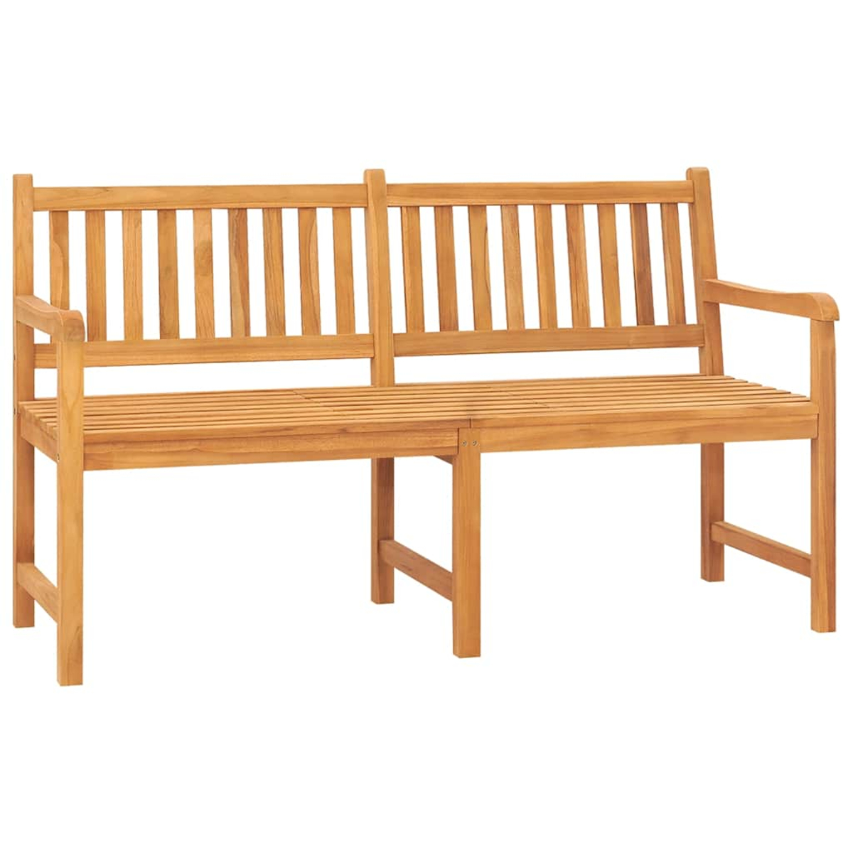 Holzbank mit Rückenlehne und kleinem Tisch. Die Bank ist hellbraun.