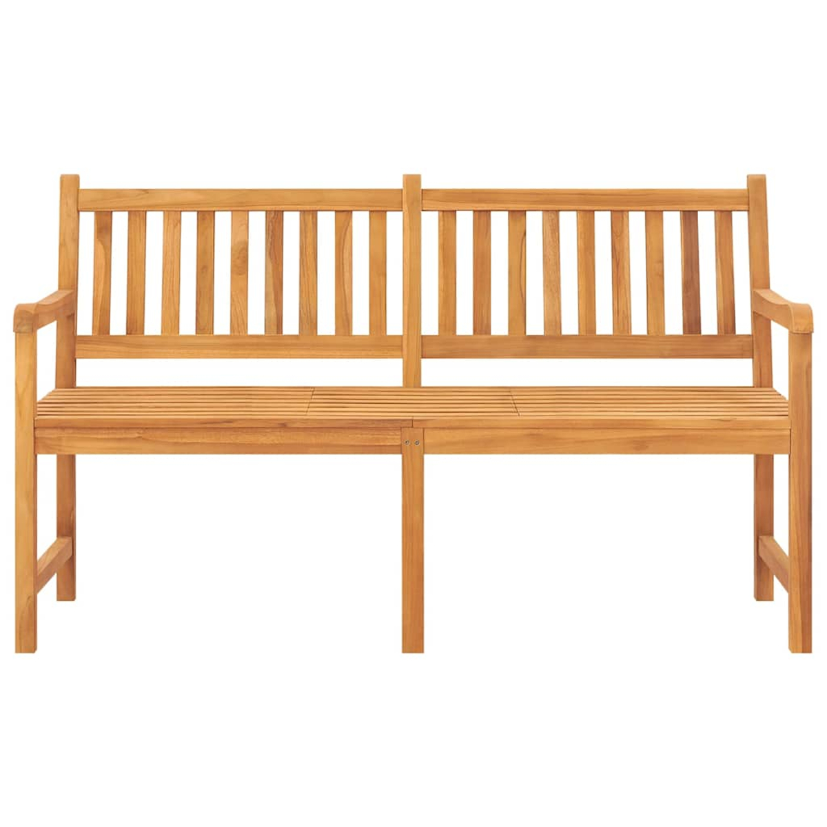 Holzbank mit Rückenlehne und Armlehnen.