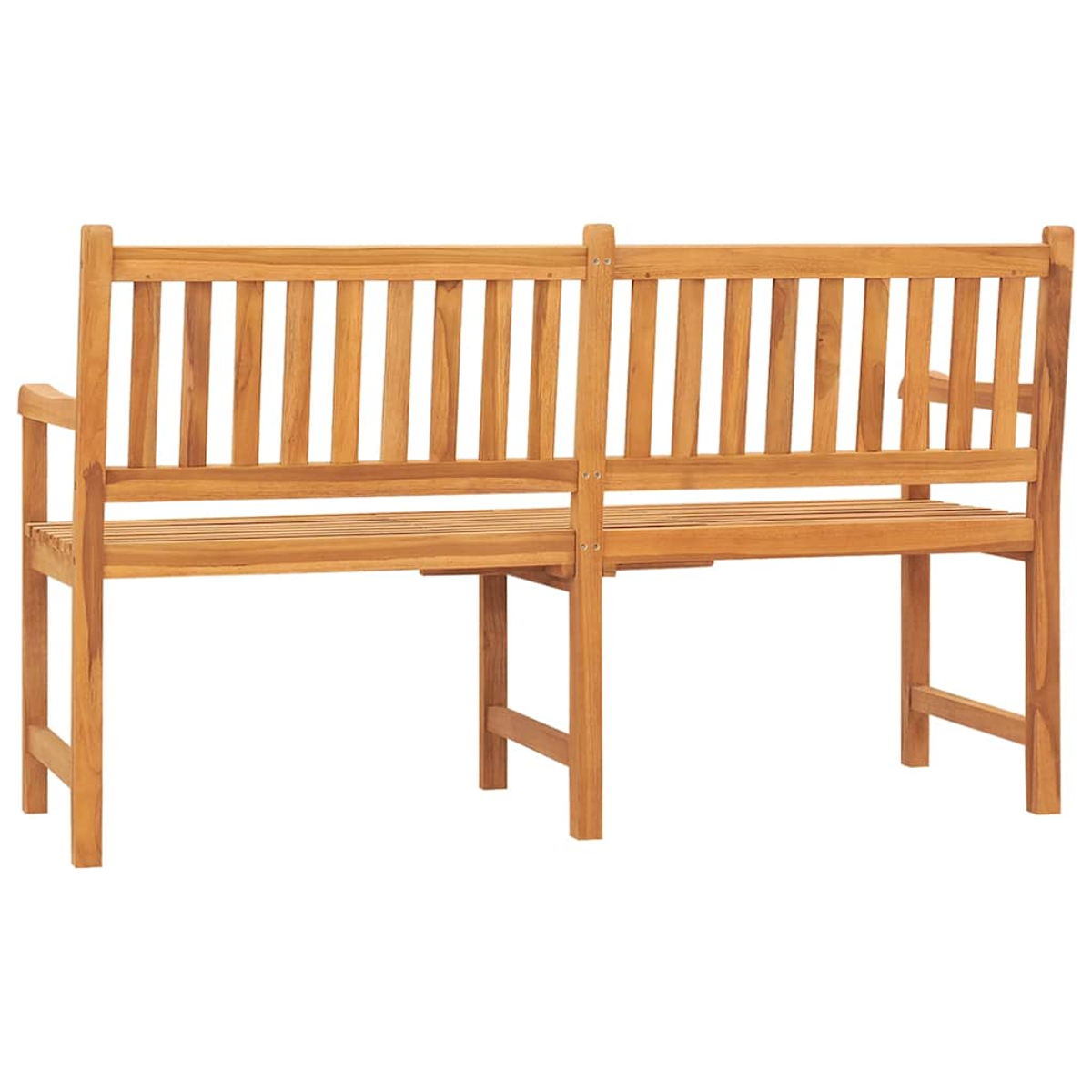 Holzbank mit Rückenlehne, Armlehnen und keinem Tisch.