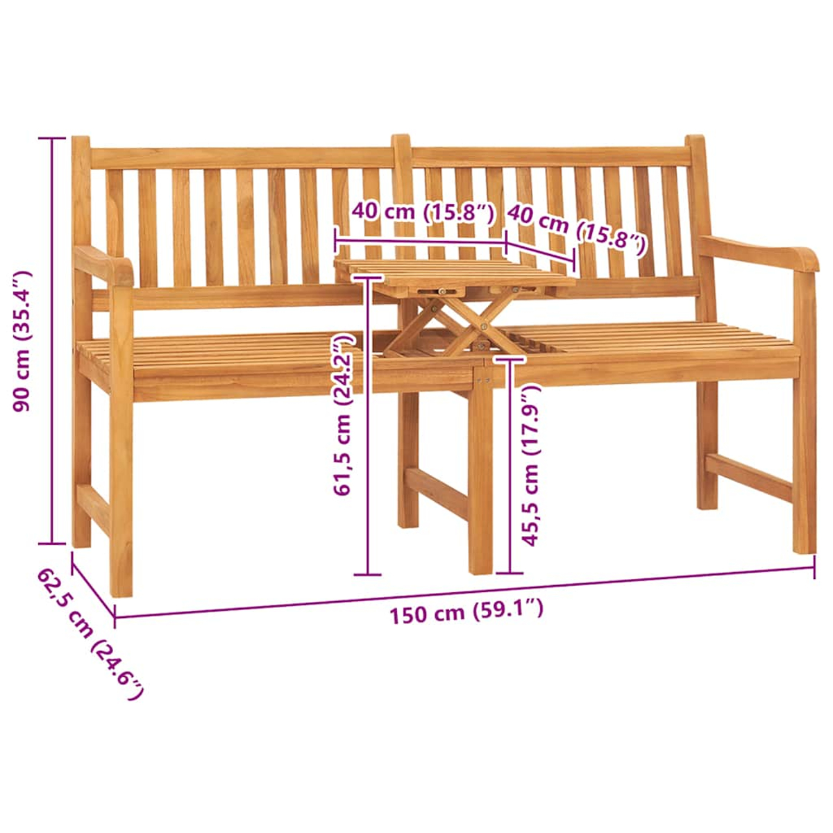 Holzbank mit einem kleinen Tisch in der Mitte, mit markierten Abmessungen.