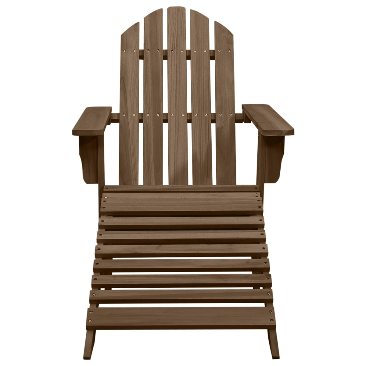 Vorderansicht eines braunen Adirondack-Stuhls mit Lattenrost und Armlehnen.