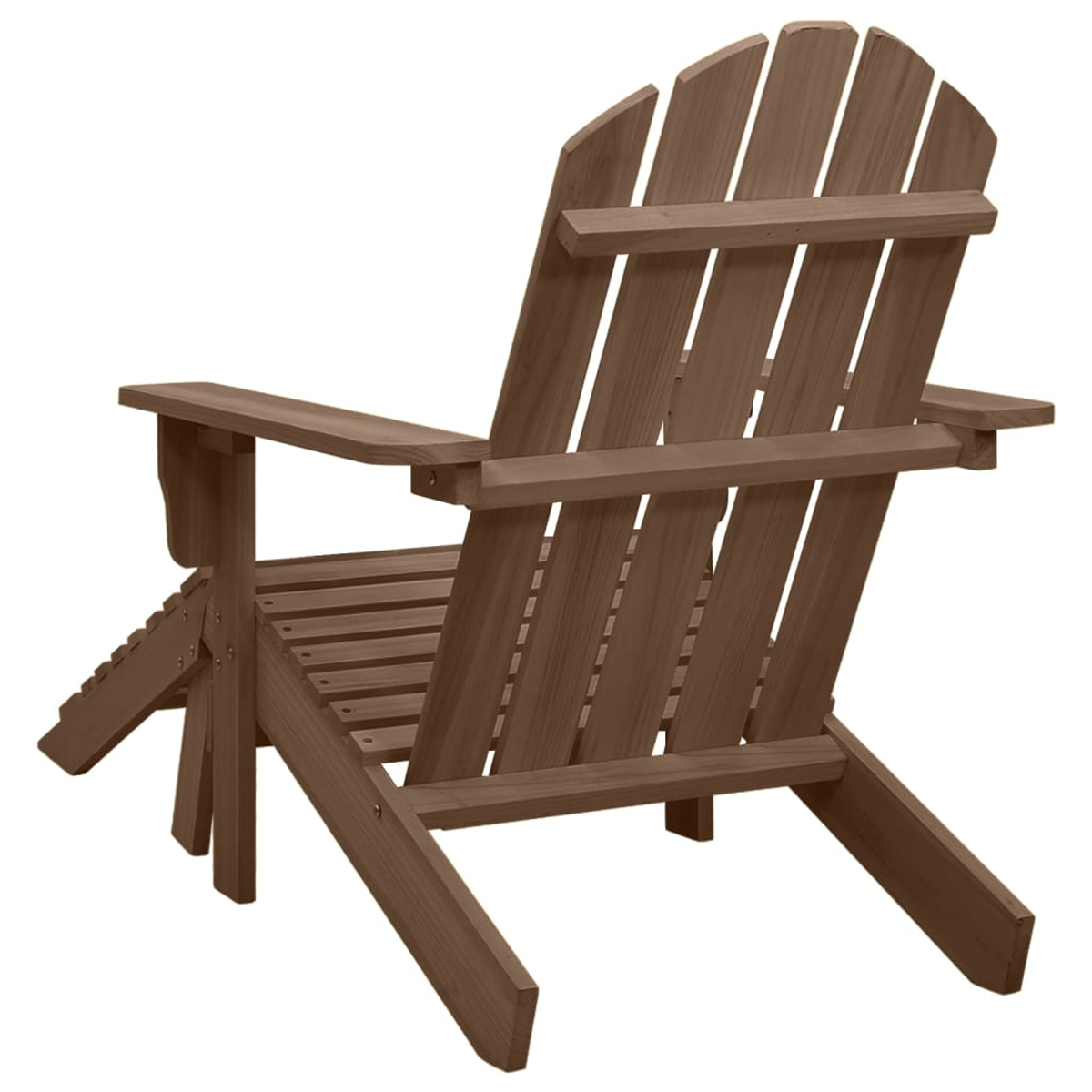 Rückansicht eines braunen Adirondack-Stuhls mit angebrachter Fußstütze.