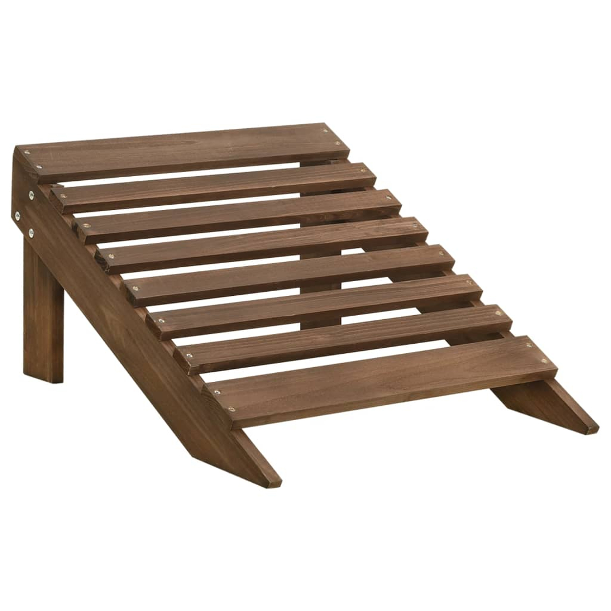 Fußstütze aus Holz. Abgewinkeltes Design mit Lamellen, braune Farbe.