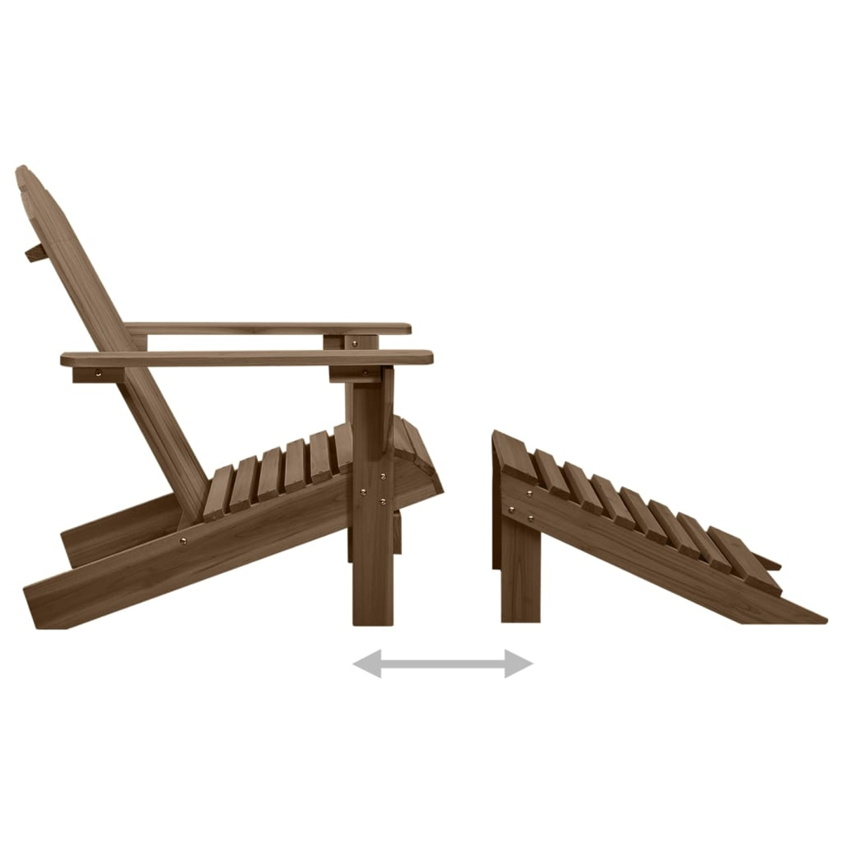 Adirondack-Stuhl und Fußstütze aus Holz, getrennt. Stuhl links, Fußstütze rechts.