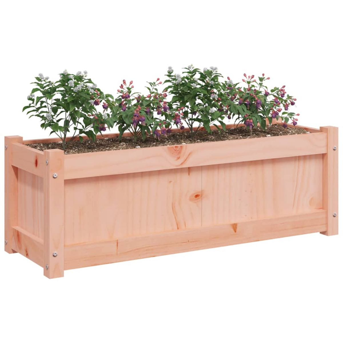 Holzpflanzer mit Blumen. Rosa Farbe.