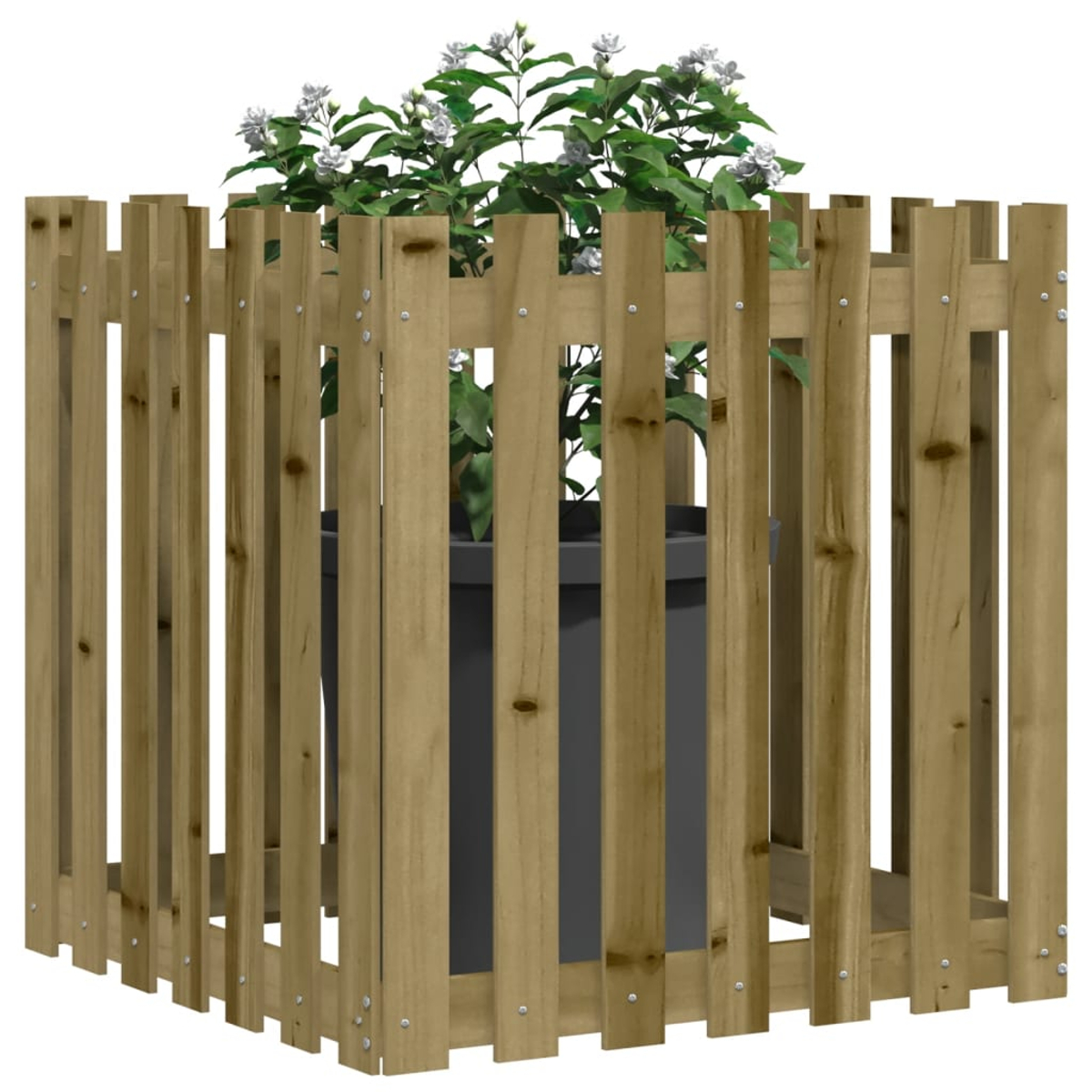 Pflanzenschutz aus Holz mit Pflanze. Dunkler Topf und Holzlatten.