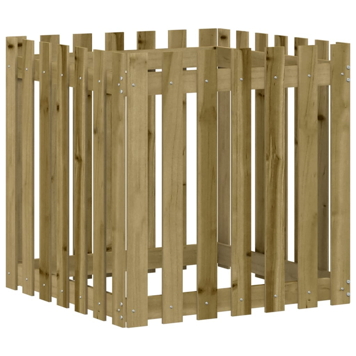 Holzzaun, quadratische Form, vertikale Latten, Einstellung im Freien.