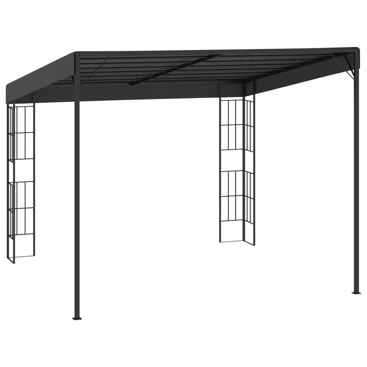 Schwarzes Metall-Pavillon-Gestell. Rechteckiges Dach, gitterartige Seiten.