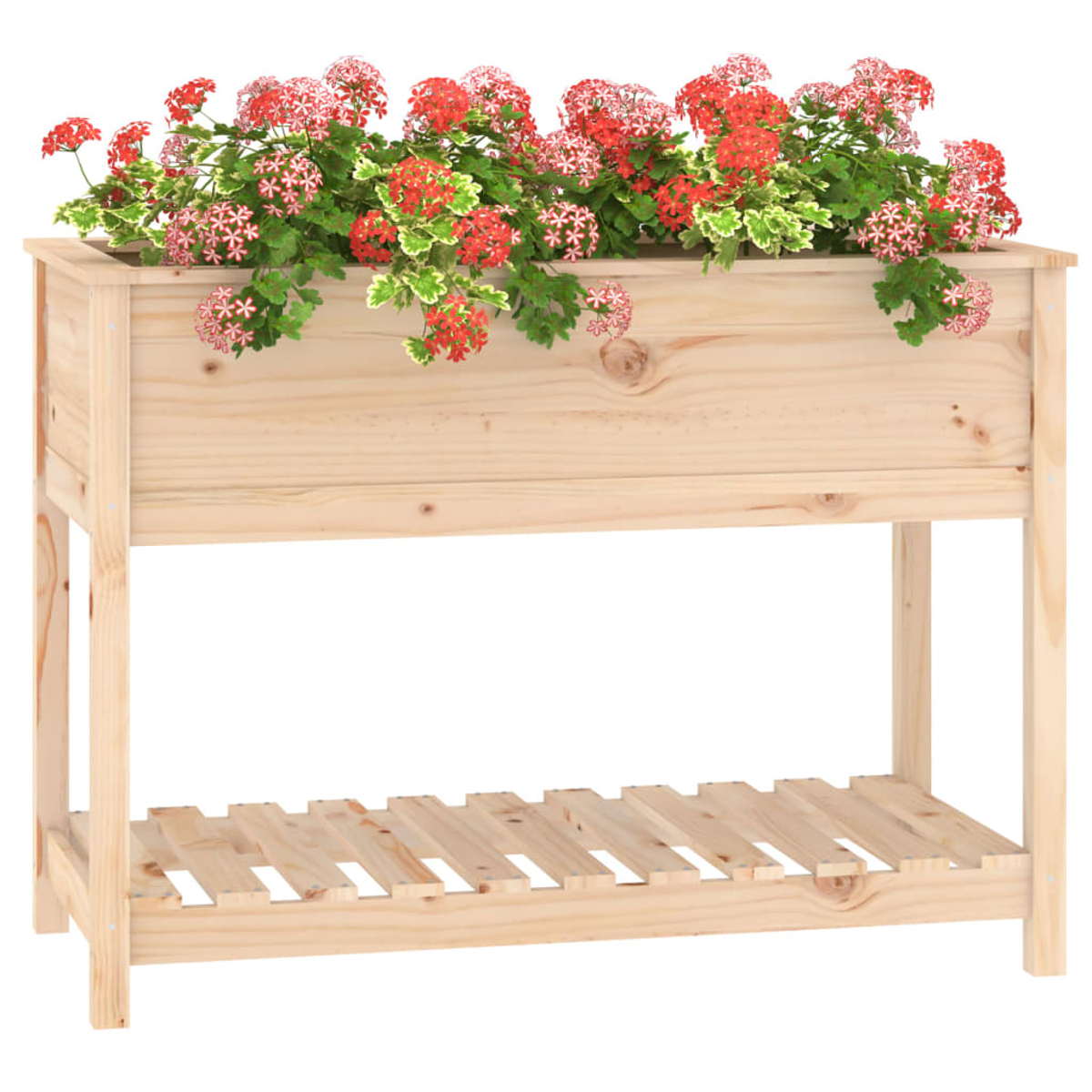 Holz-Pflanzkasten mit roten und grünen Blumen. Hat ein unteres Regal und ist aus hellem Holz.