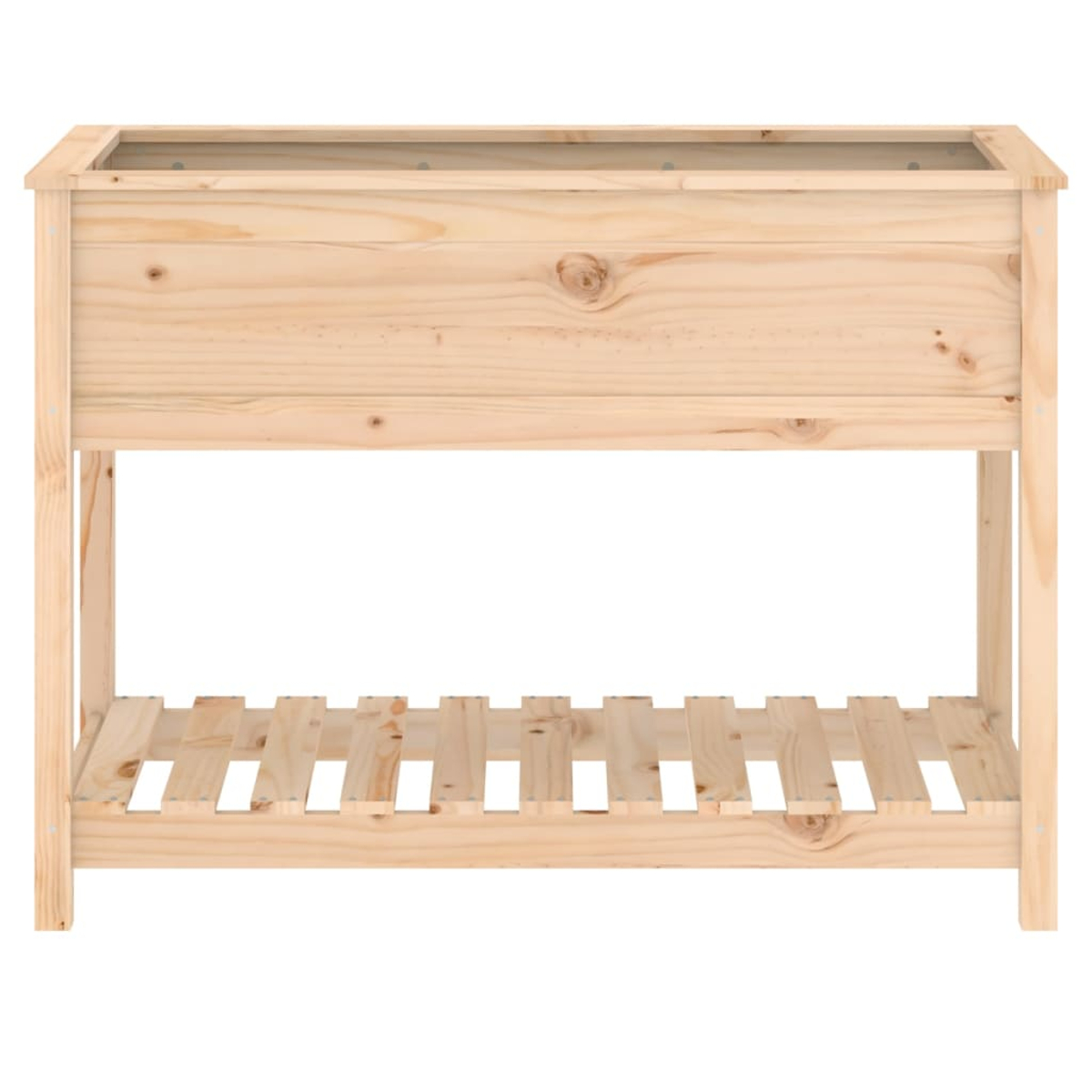 Holzpflanzkasten mit Lattenregal, leer.