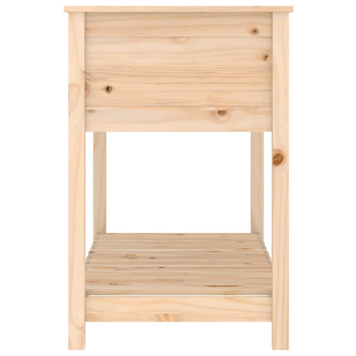 Pflanzkasten aus Holz mit Regal. Aus hellem Holz, sichtbare Maserung.