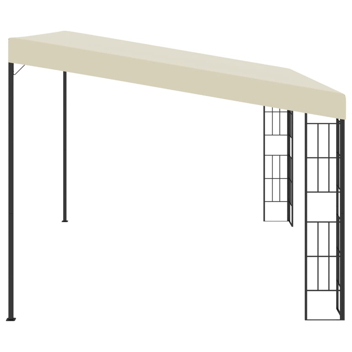 Beige Markise mit schwarzem Rahmen, Umgebung im Freien.