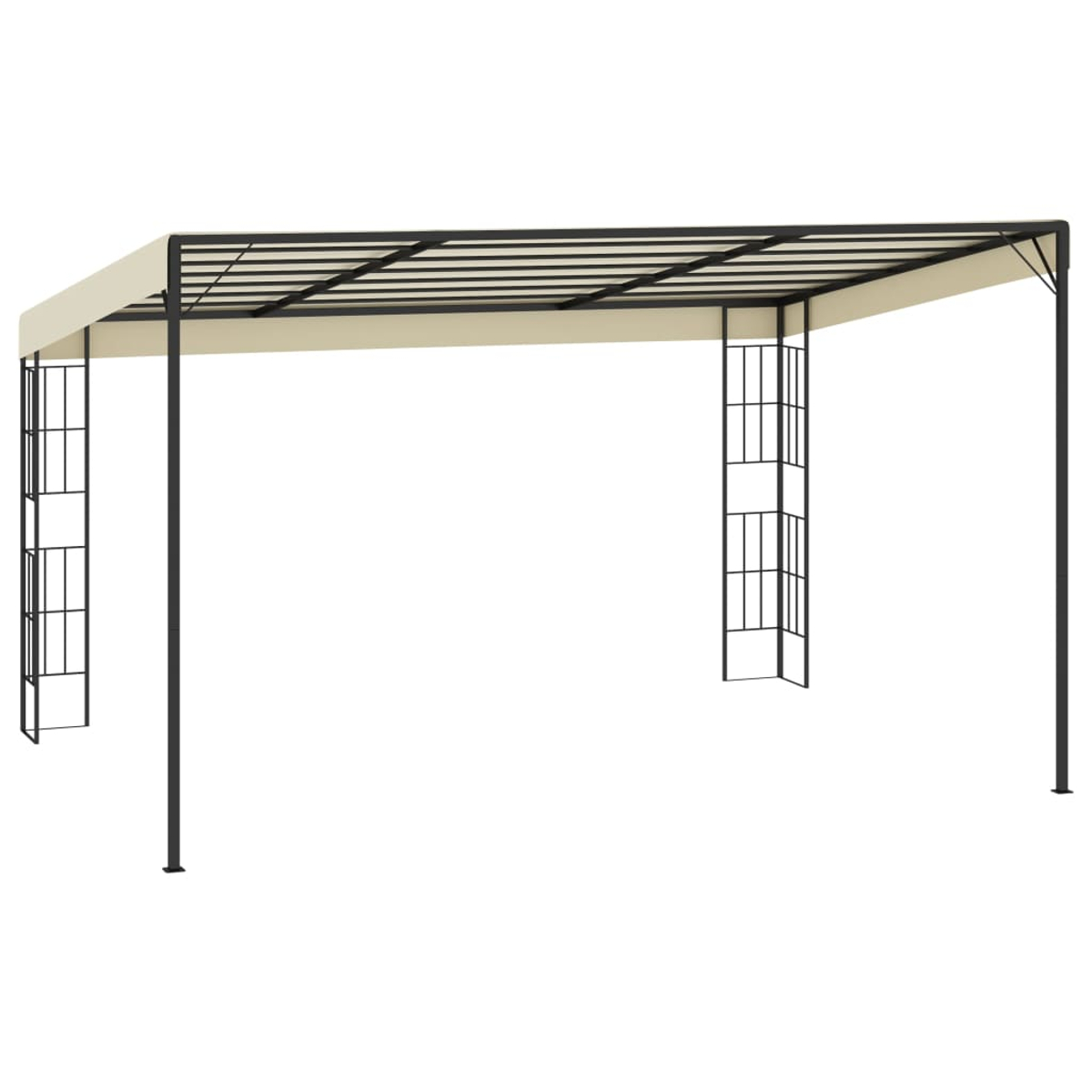 Ein beigefarbener Pavillon mit schwarzem Metallrahmen auf weißem Hintergrund.