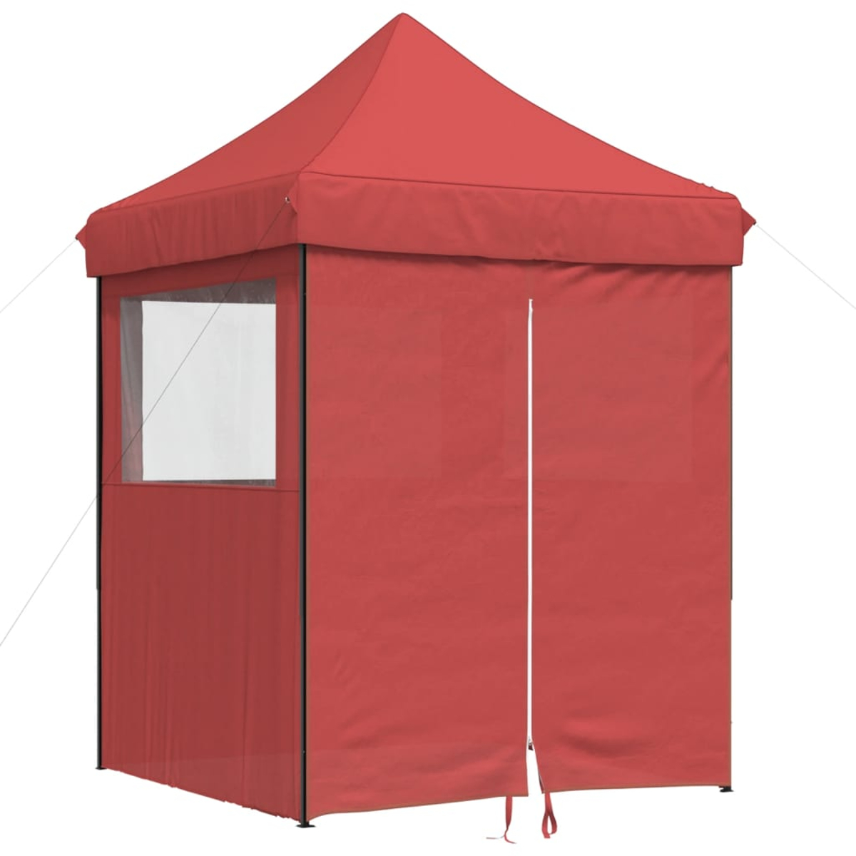 Ein rotes Pop-up-Zelt mit Fenster und Tür auf weißem Hintergrund.