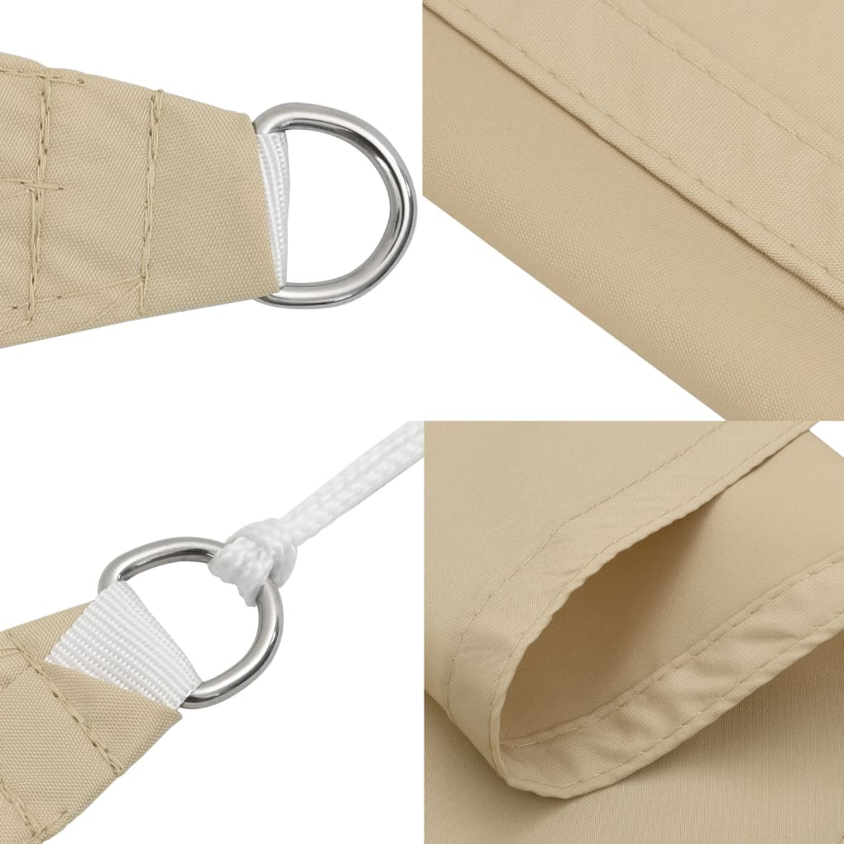 Detail des beigefarbenen Sonnensegels mit Edelstahlringen und Nähten.