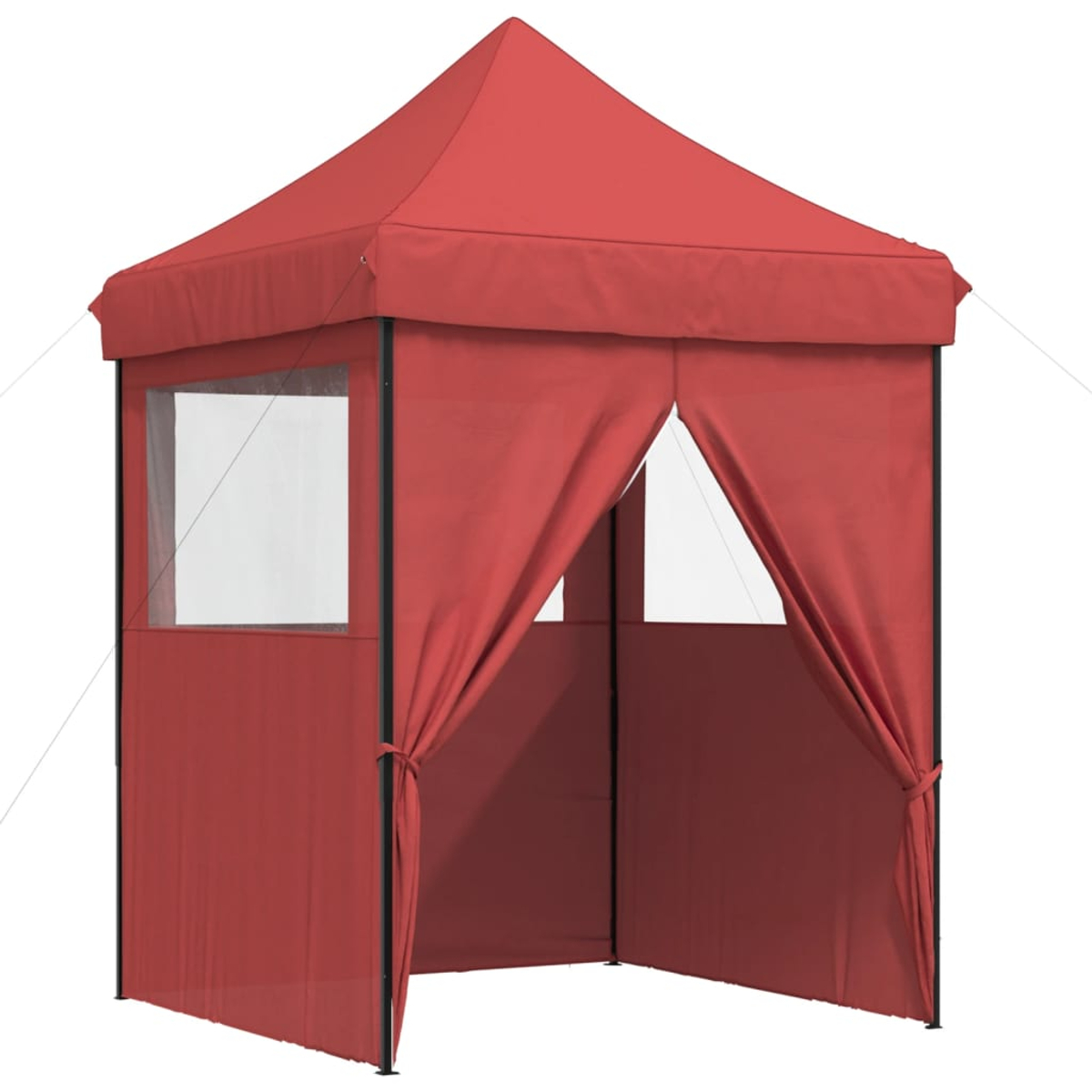 Roter Pavillon mit offenen Vorhängen. Der Pavillon hat klare Fenster und einen weißen Hintergrund.