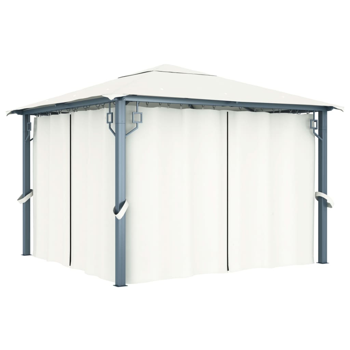 Weißer Pavillon mit Vorhängen und grauem Rahmen. Quadratische Form, auf weißem Hintergrund. Seitenansicht.