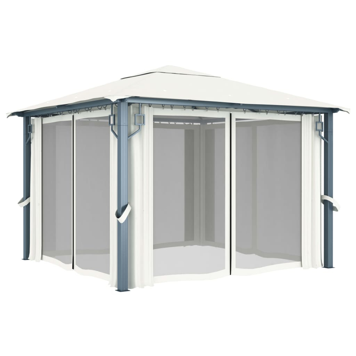 Weißer Pavillon mit Vorhängen. Er hat einen grauen Rahmen und einen weißen Hintergrund.