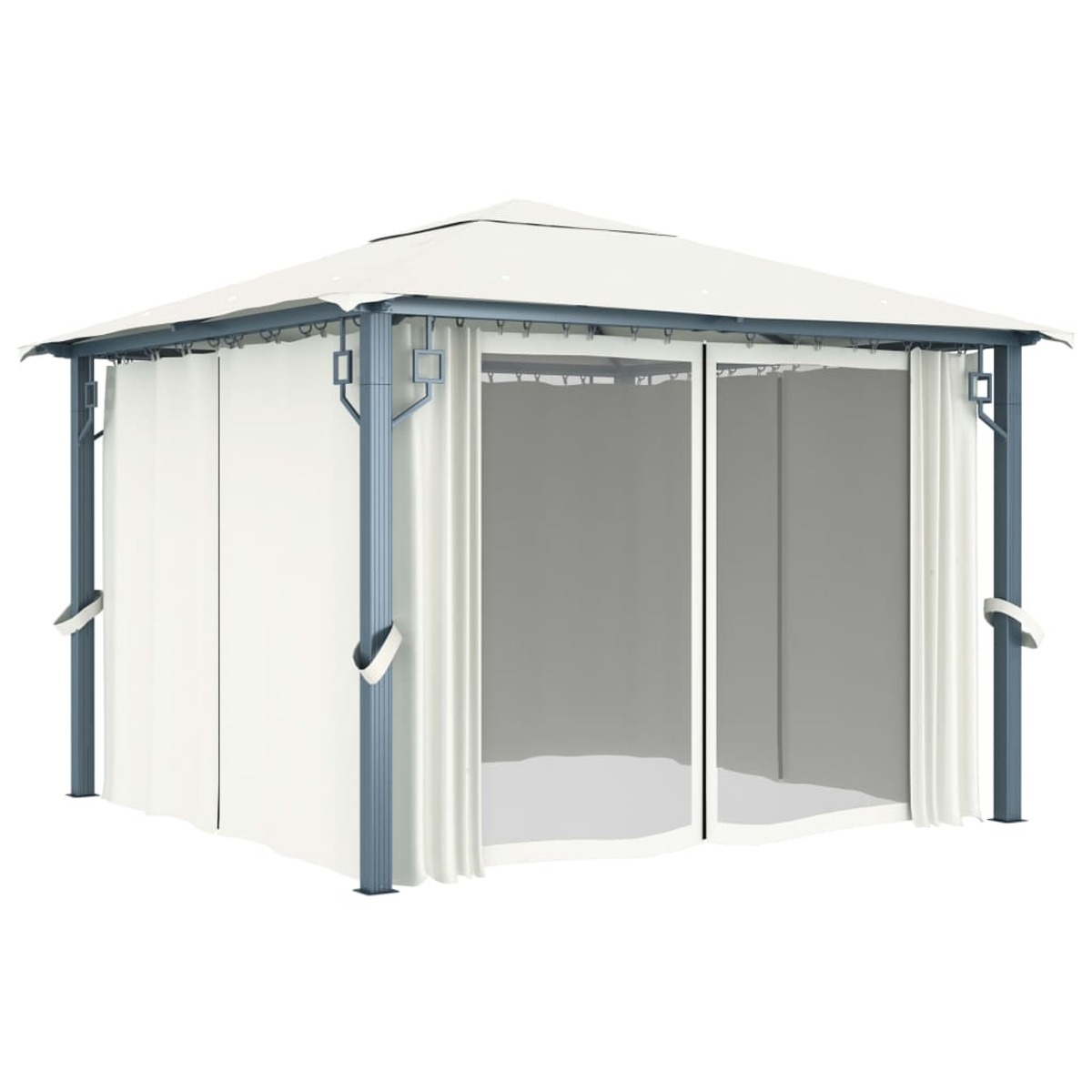Weißer Pavillon mit offenen Vorhängen und grauem Rahmen, weißer Hintergrund, Vorderansicht.