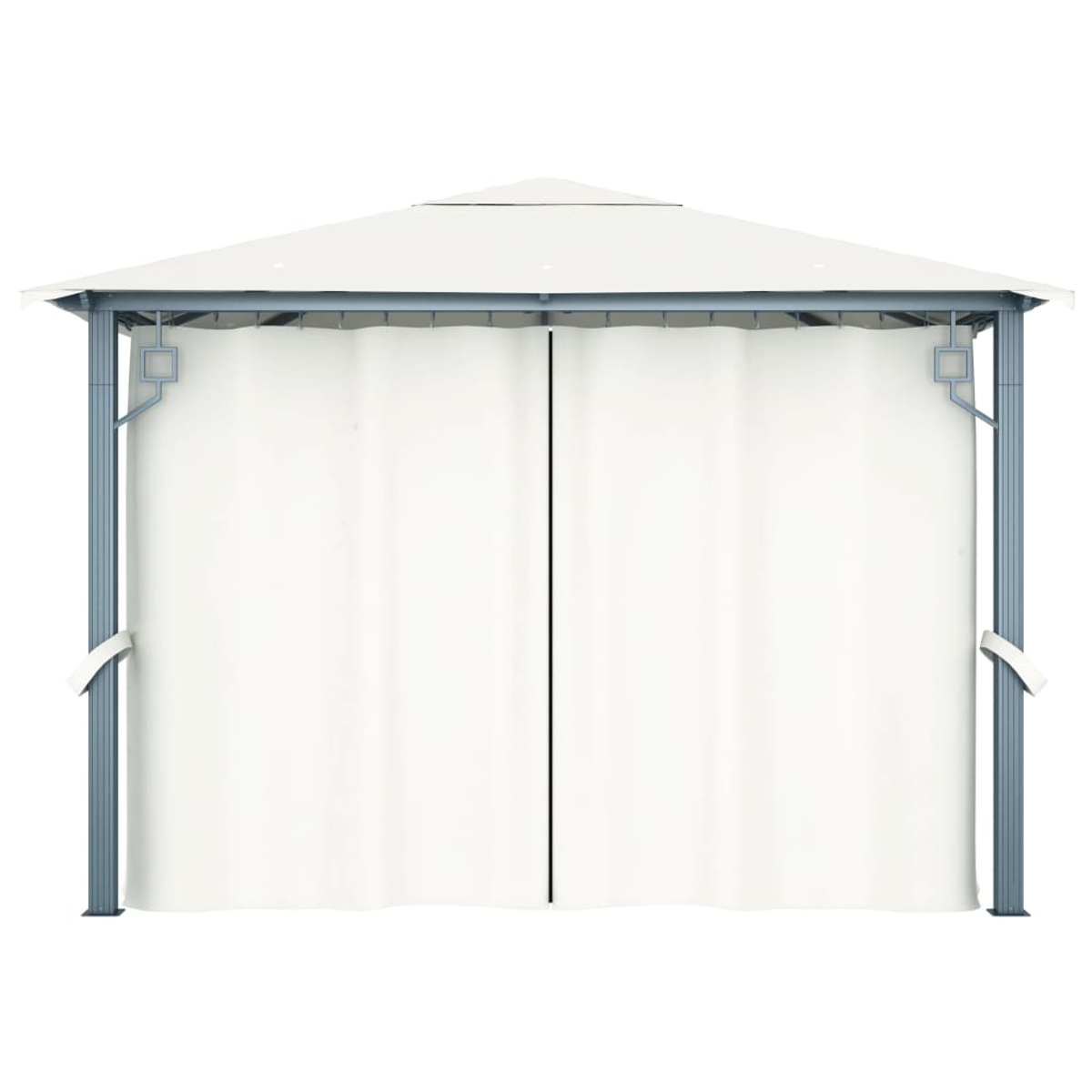 Weißer Pavillon mit geschlossenen Vorhängen. Er hat einen grauen Rahmen und einen weißen Hintergrund.