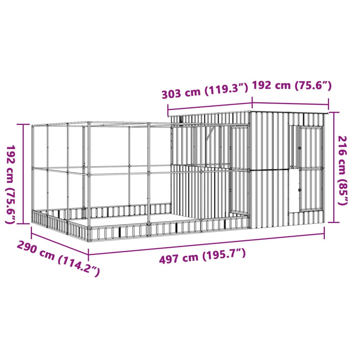 Diagramm einer Holzkonstruktion mit Abmessungen. Es hat rechteckige und quadratische Formen.