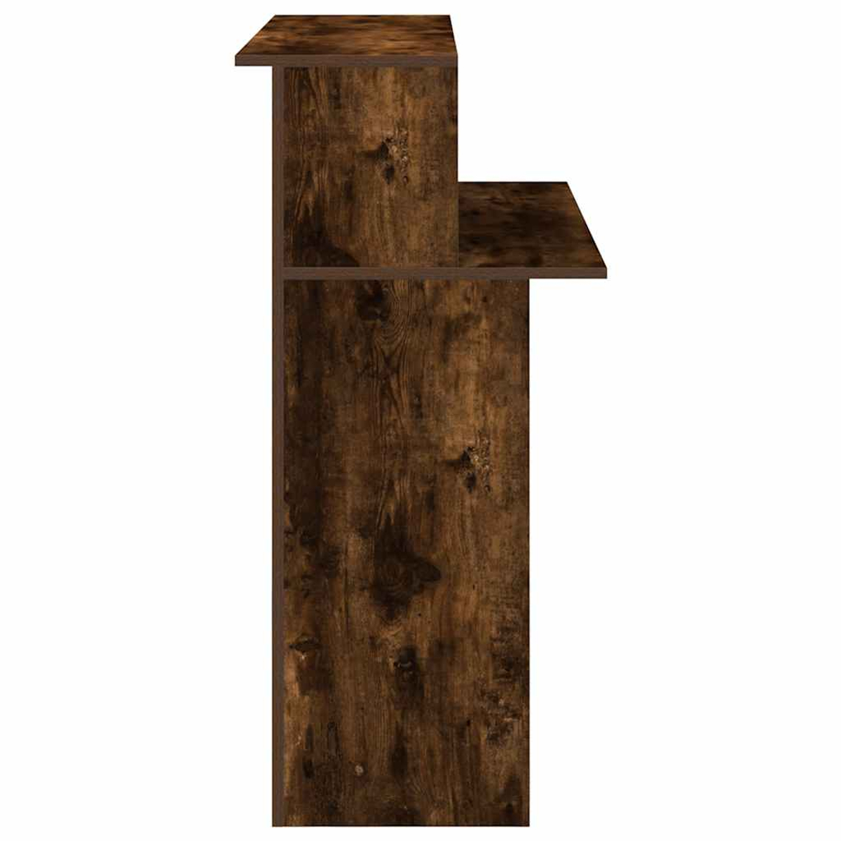 Seitenansicht eines hölzernen Empfangstresens. Der Schreibtisch hat eine Holzstruktur und eine dunkelbraune Farbe.