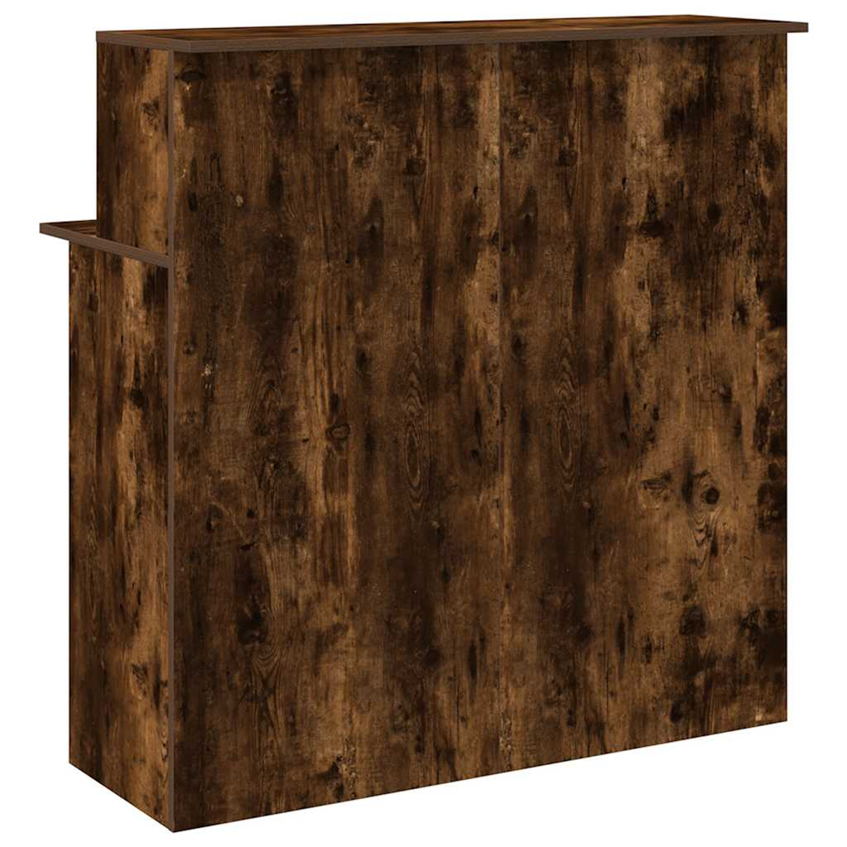 Ein Empfangstresen im Holzstil. Es ist braun mit Holzmaserung. Der Tresen hat eine quadratische Form.