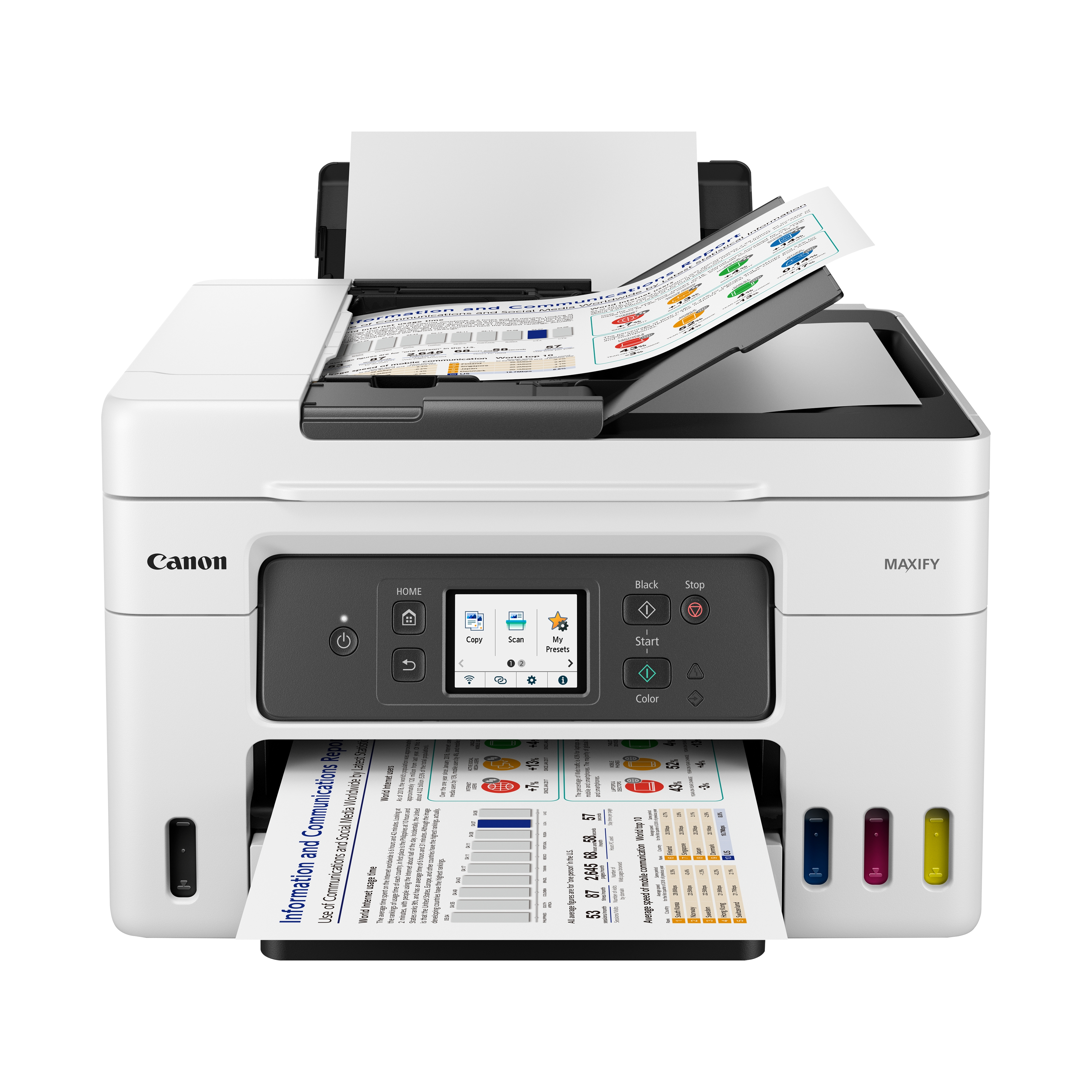 Impresora Canon MAXIFY blanca con papel en ambas bandejas y una pantalla que muestra opciones.