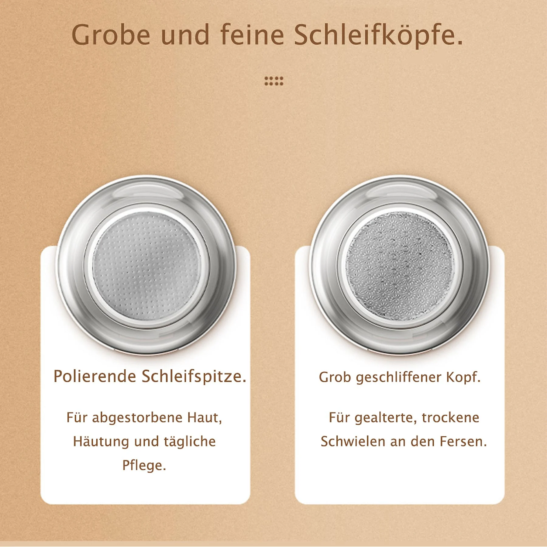 Zwei silberne Fußschleifköpfe mit Text, die grobe und feine Schleifoptionen zeigen.