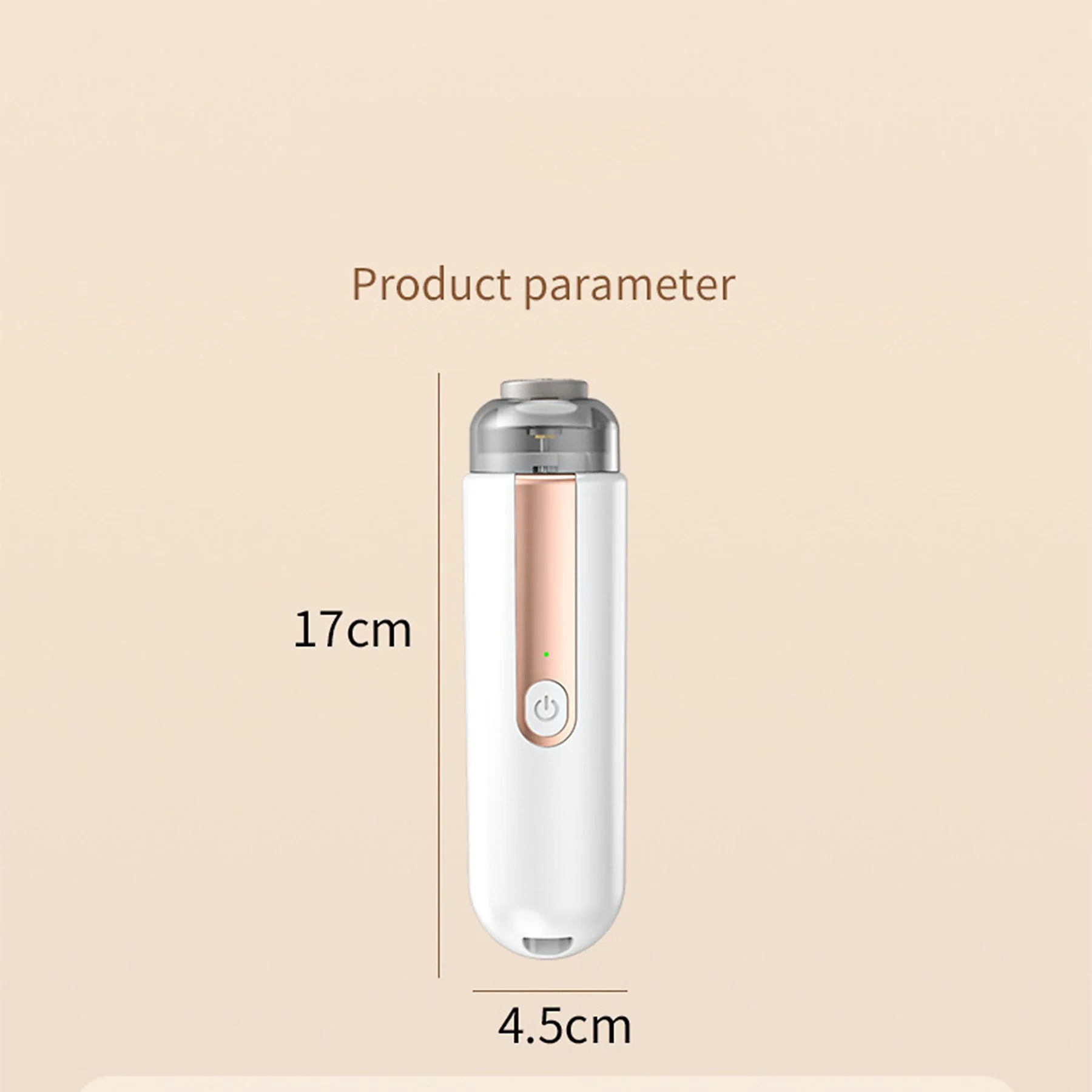 Ein elektrischer Hornhautentferner mit Produktparametern, 17 cm Höhe, 4,5 cm Breite.