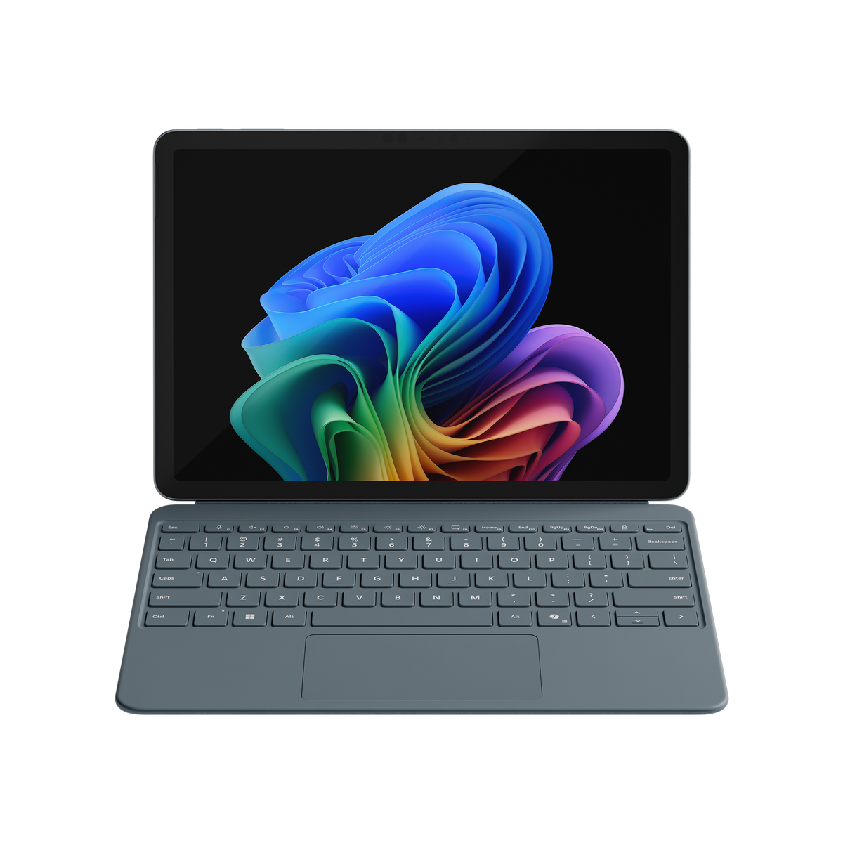 Tablet con tastiera. Il display mostra un design a vortice colorato. Sfondo scuro.