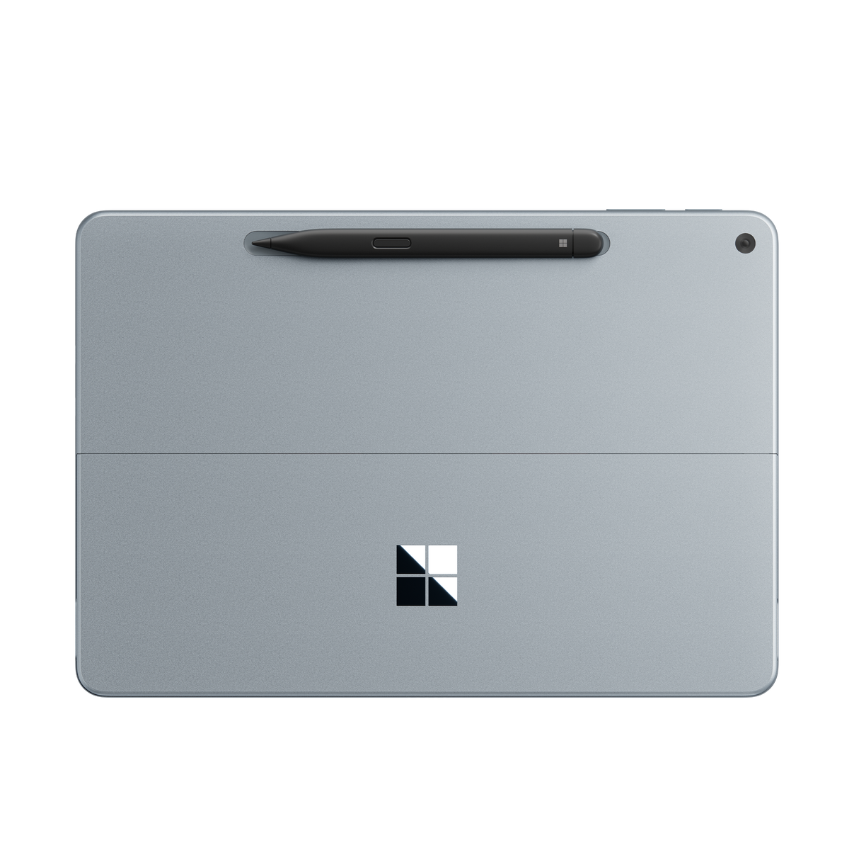 Parte trasera de la tableta con lápiz óptico adjunto. Logotipo cuadrado negro. Color azul-gris.