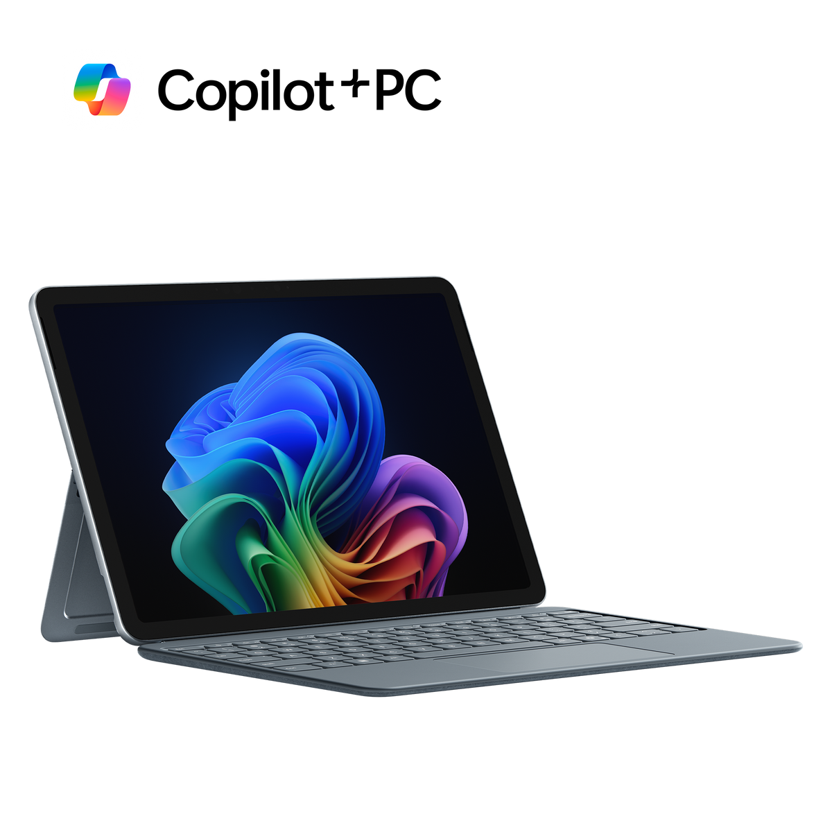 Una tableta con teclado adjunto, mostrando una imagen abstracta en la pantalla. Un logotipo es visible.