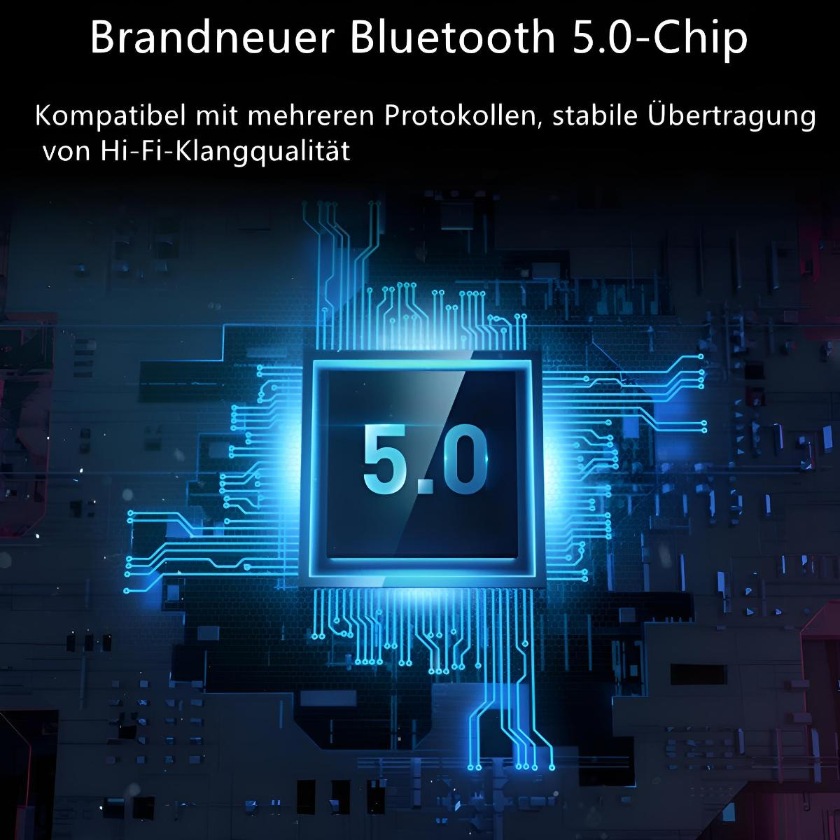 Nahaufnahme eines 5.0 Bluetooth-Chips mit blauem Schaltungsdesign.