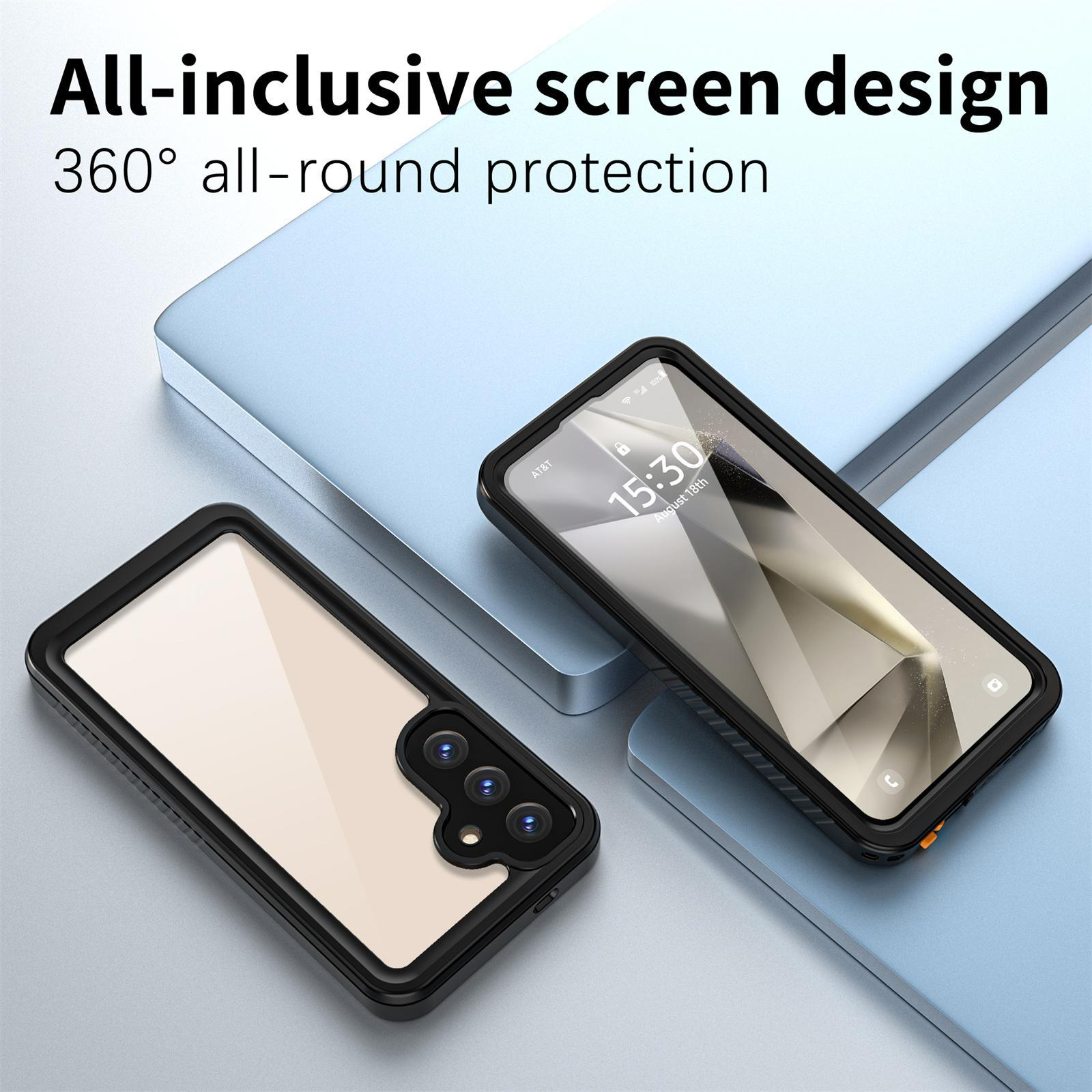 Zwei Handyhüllen, eine mit Telefon, auf blauer Oberfläche.