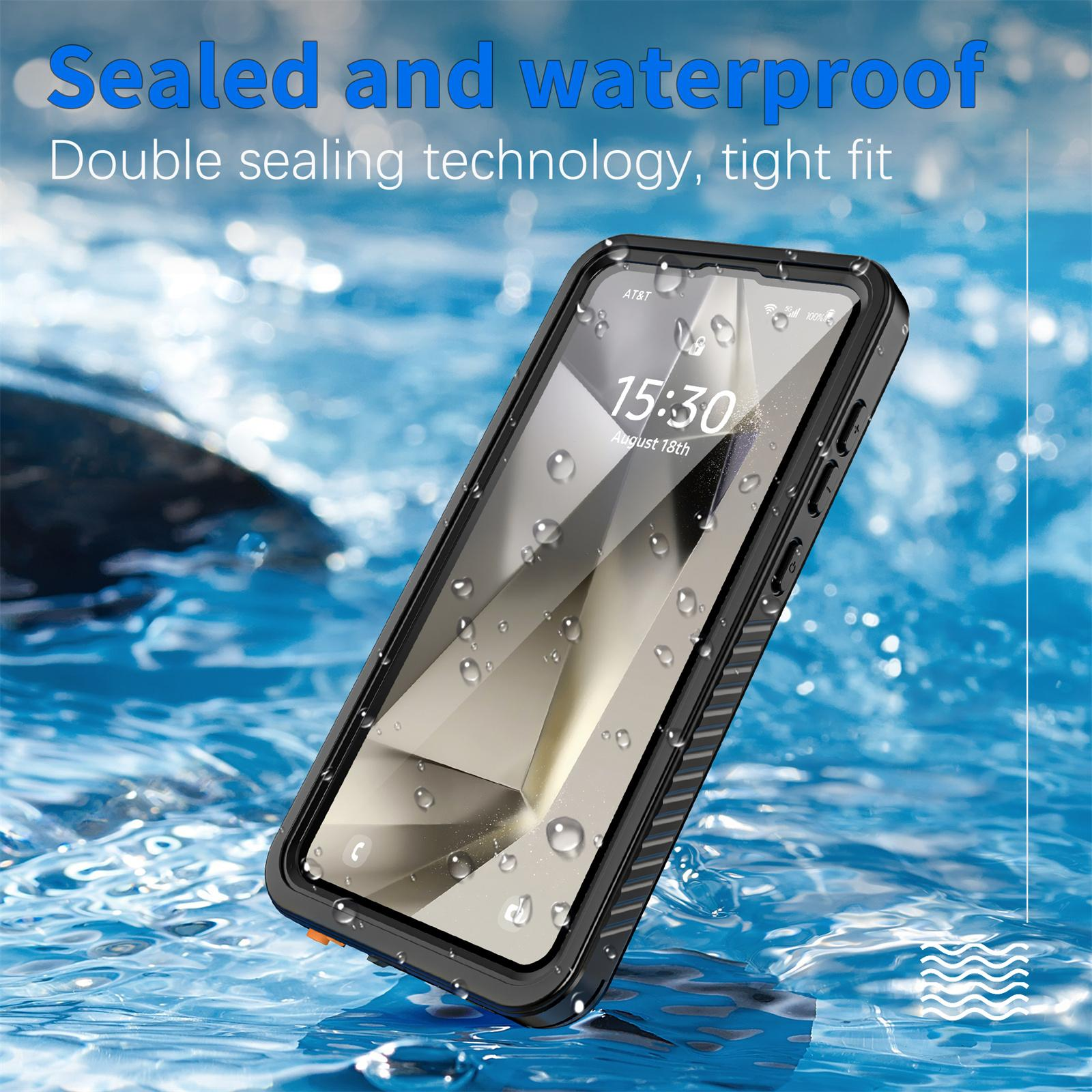 Telefon in wasserdichter Hülle, untergetaucht in Wasser.