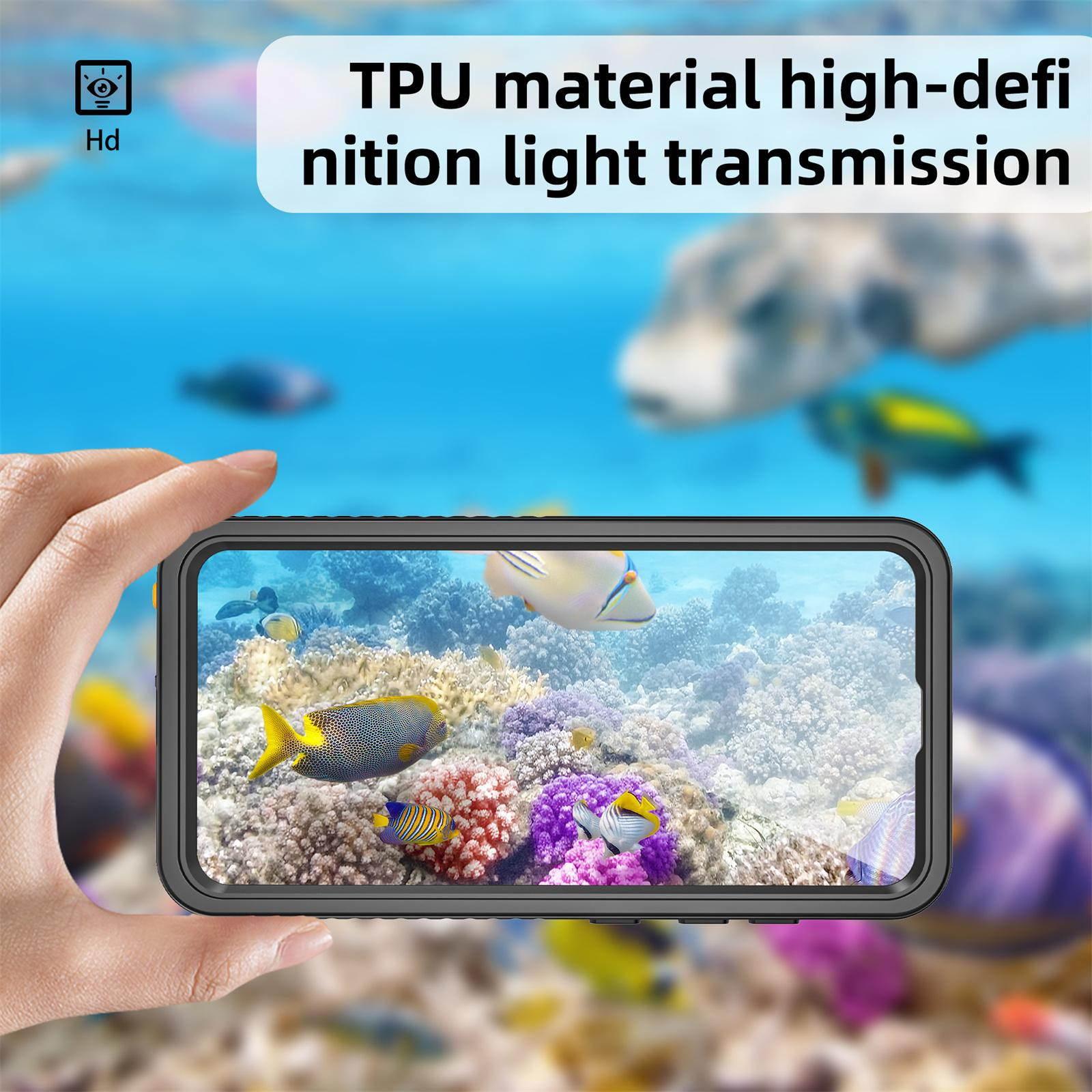 Eine Hand hält ein Telefon mit Hülle, das eine Korallenriffszene mit Fischen zeigt.