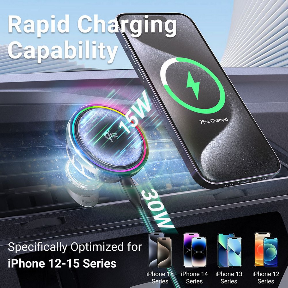 Un téléphone se chargeant sur un chargeur sans fil de voiture avec une sortie de 15W. Texte : 'Rapid Charging Capability' est visible.