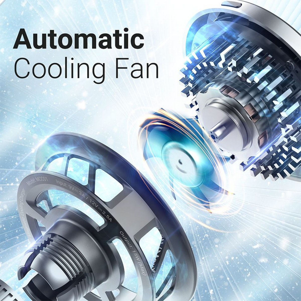 Gros plan sur un mécanisme de ventilateur de refroidissement. Deux ventilateurs sont visibles, avec un effet de lumière bleue.