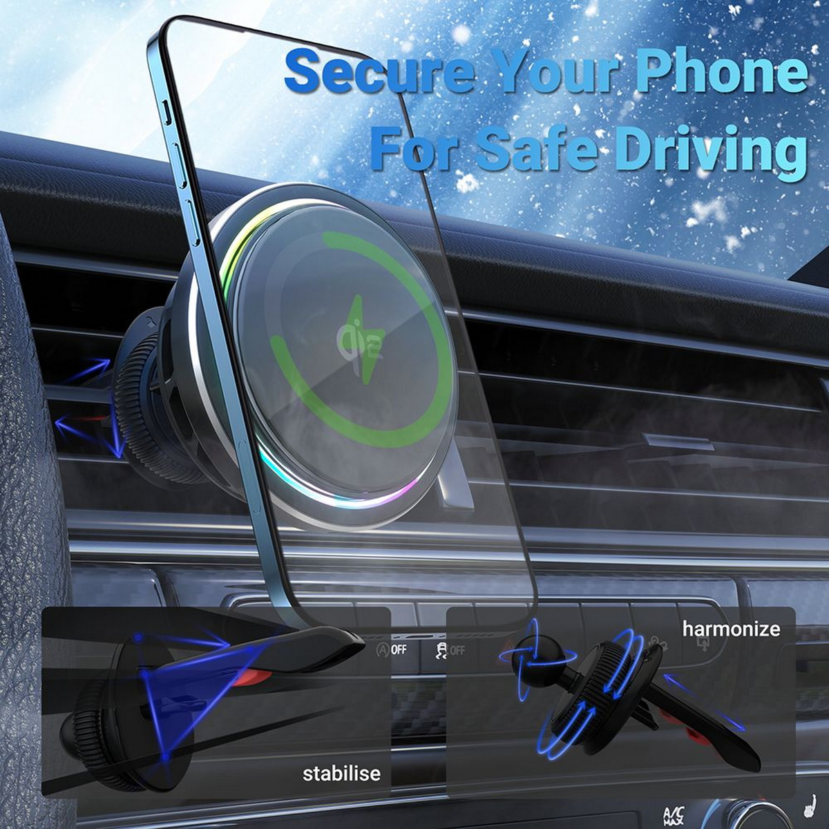 Tableau de bord de voiture avec un support de téléphone, et deux détails en gros plan montrant les options de montage.