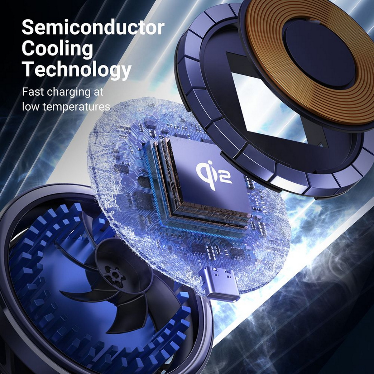 Diagramme des composants du chargeur sans fil. Montre le ventilateur, la puce et les bobines. Texte : 'Semiconductor Cooling Technology'.