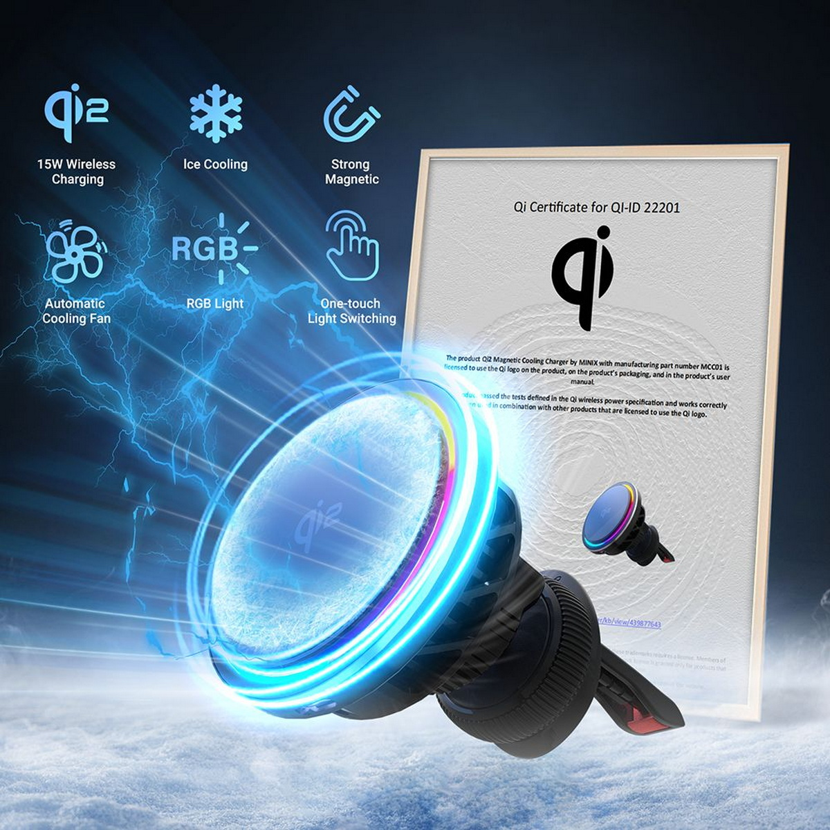 Un chargeur de téléphone et un support avec un certificat, montrant le logo Qi et un support de voiture. Éclairs autour du support.