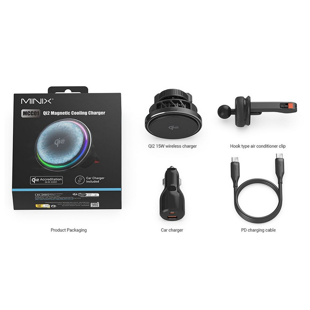 Produktverpackung mit Qi2 Magnetic Cooling Charger und Zubehör: Autoladegerät, Kabel und Klimaanlagenclip vom Hakentyp.