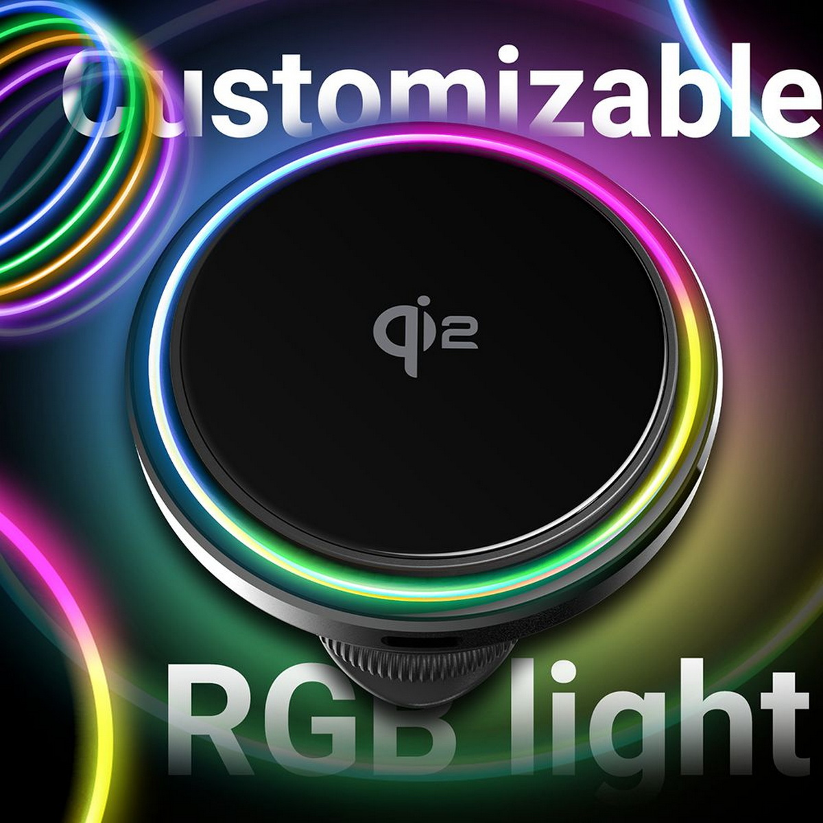 Chargeur sans fil Qi2 noir avec anneau lumineux RGB sur fond noir avec texte 'Customizable RGB light'.