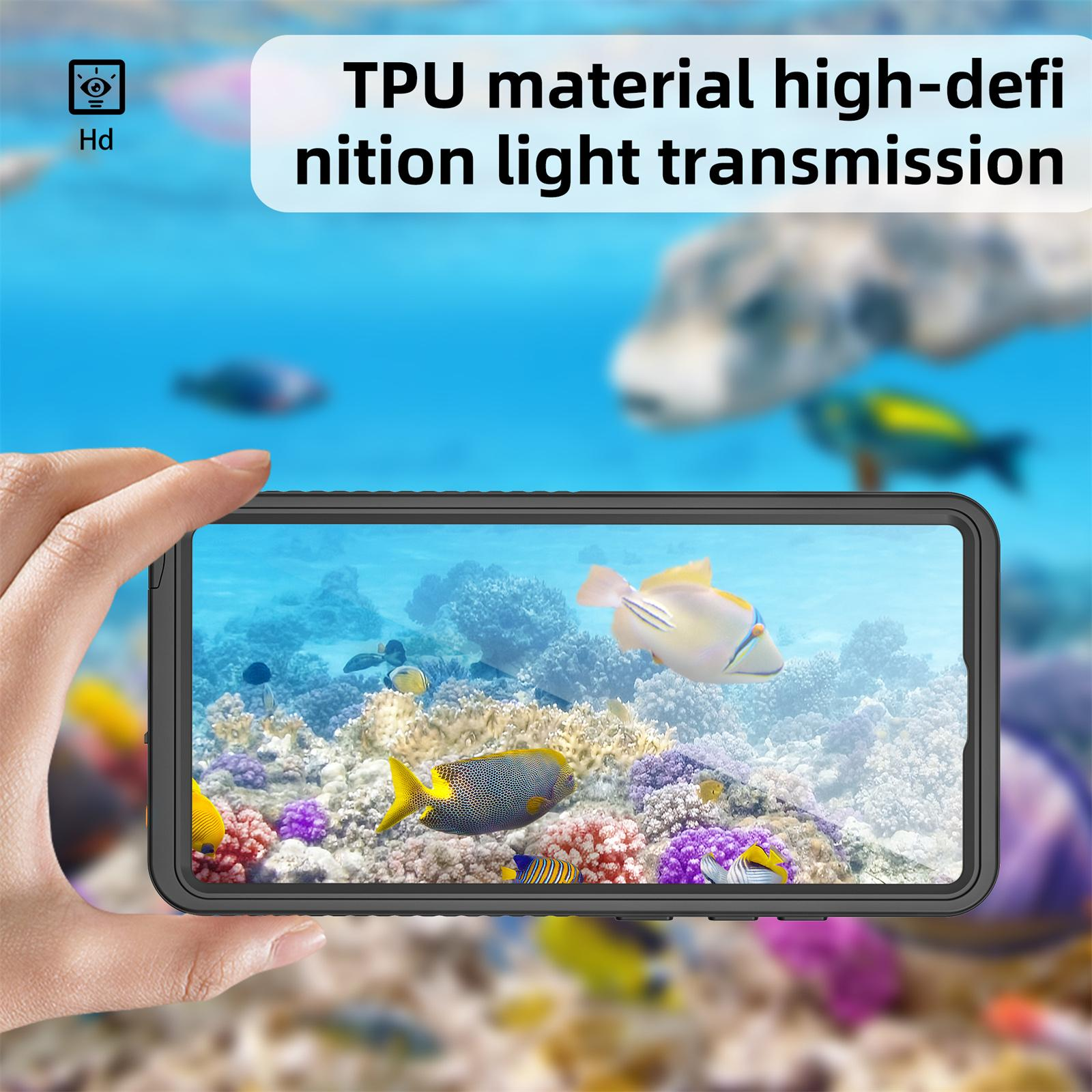 Ein Telefon in einer schwarzen Hülle zeigt eine Unterwasserszene mit Fischen und Korallen.