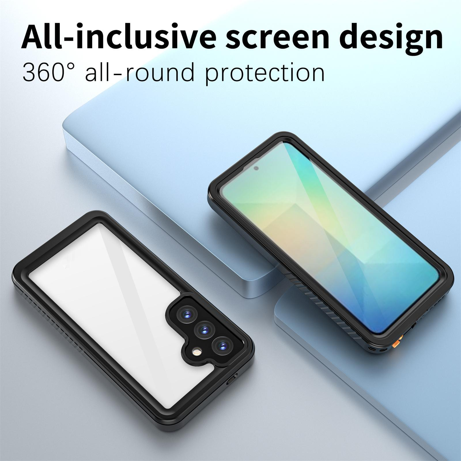 Telefon mit schwarzem Gehäuse liegt auf einer blauen Oberfläche. Das Telefon hat eine klare Rückseite.