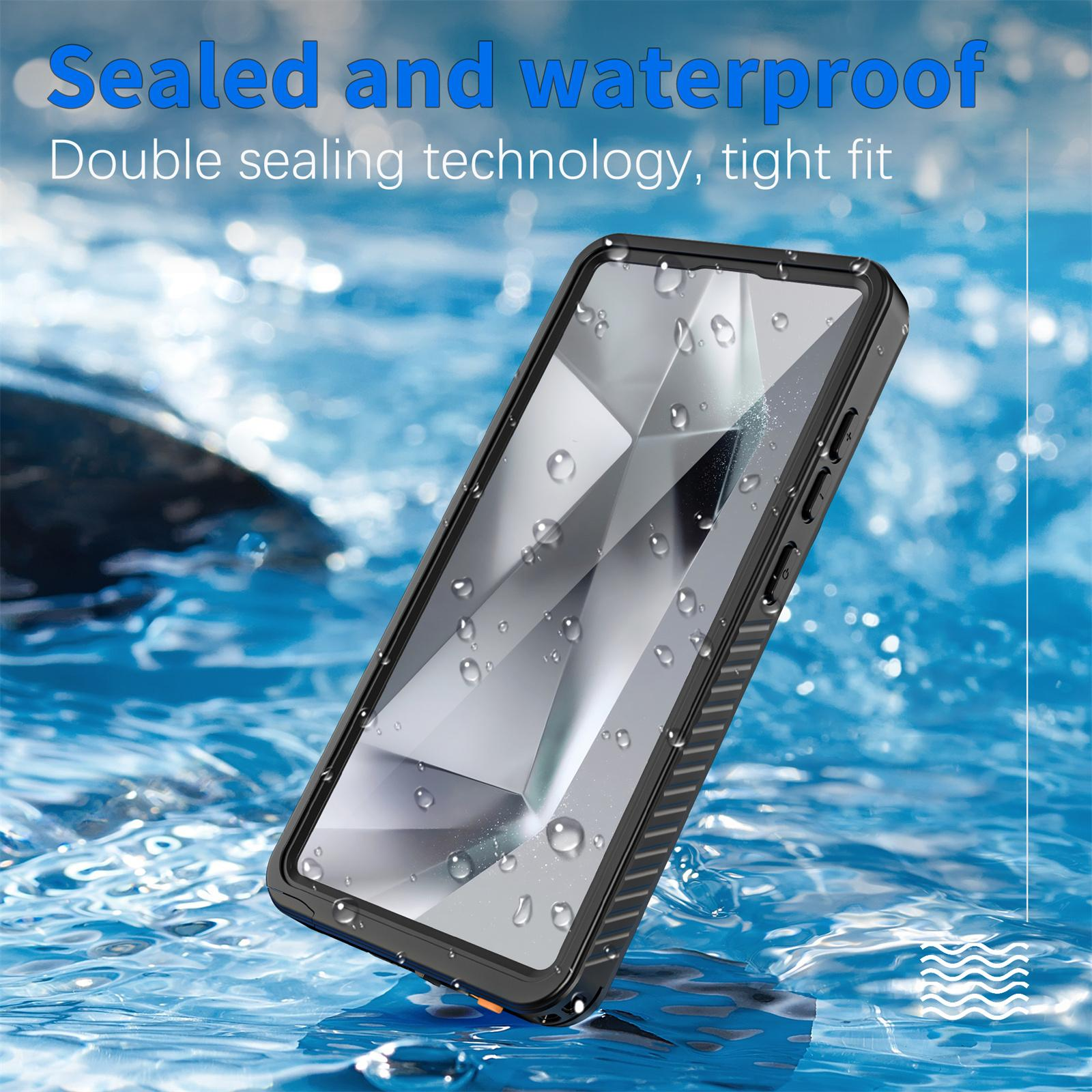 Eine schwarze Handyhülle mit Wasser. Text: Versiegelt und wasserdicht. Doppelte Dichtungstechnologie, enge Passform.